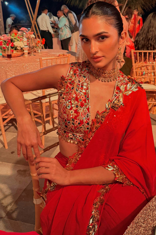 Alaviaa Jaffrey in Red And Gold Embroidered Saree Set