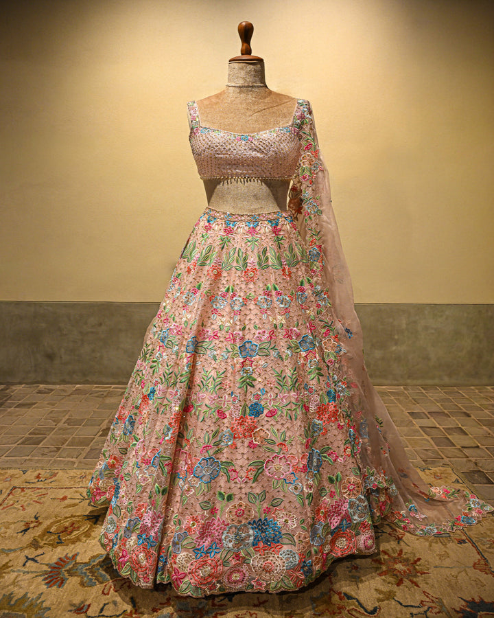 Pink Organza Floral Lehenga Set