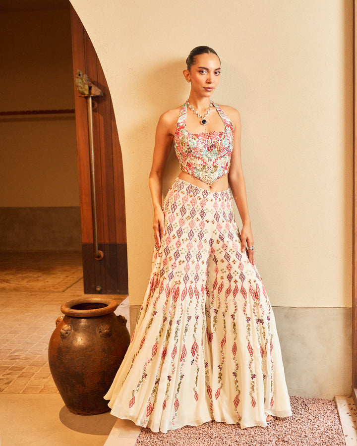 IVORY HIGH WAIST SHARARA PAIRED WITH A CORSET TOP