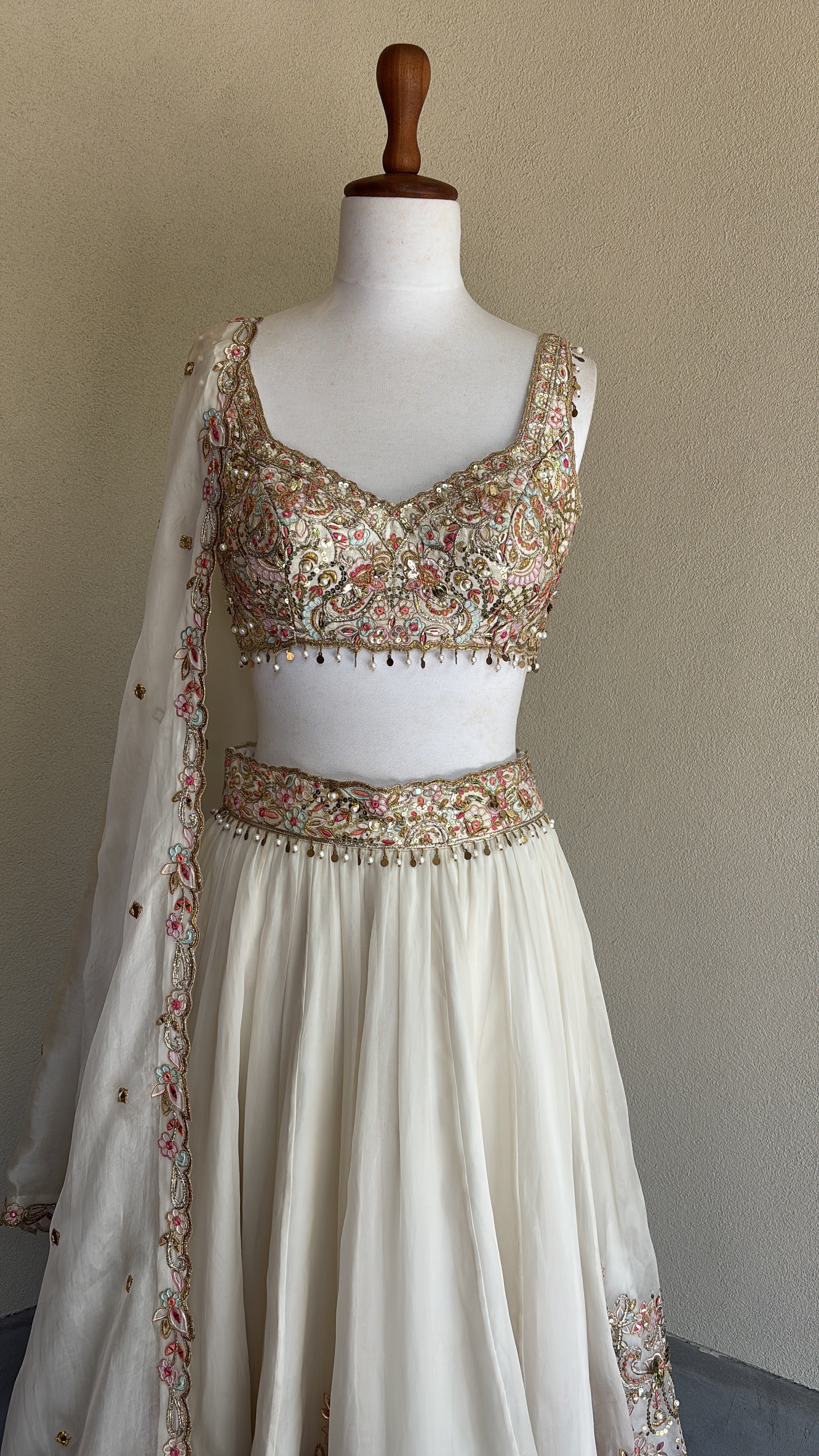 Ivory Organza Lehenga Set With Placement Embroidery