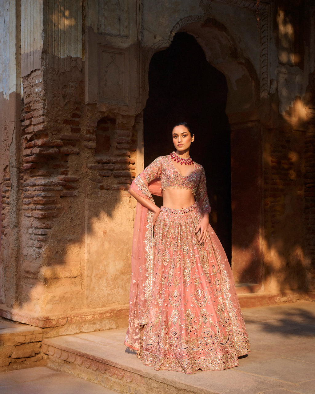 Sunkissed Coral Organza Lehenga Set