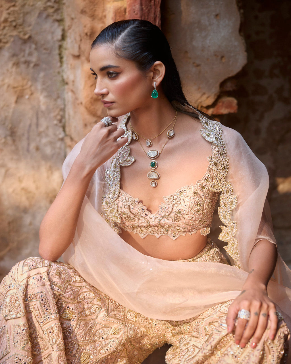 Nude Peach Rawsilk High Waist Sharara And Cape Set
