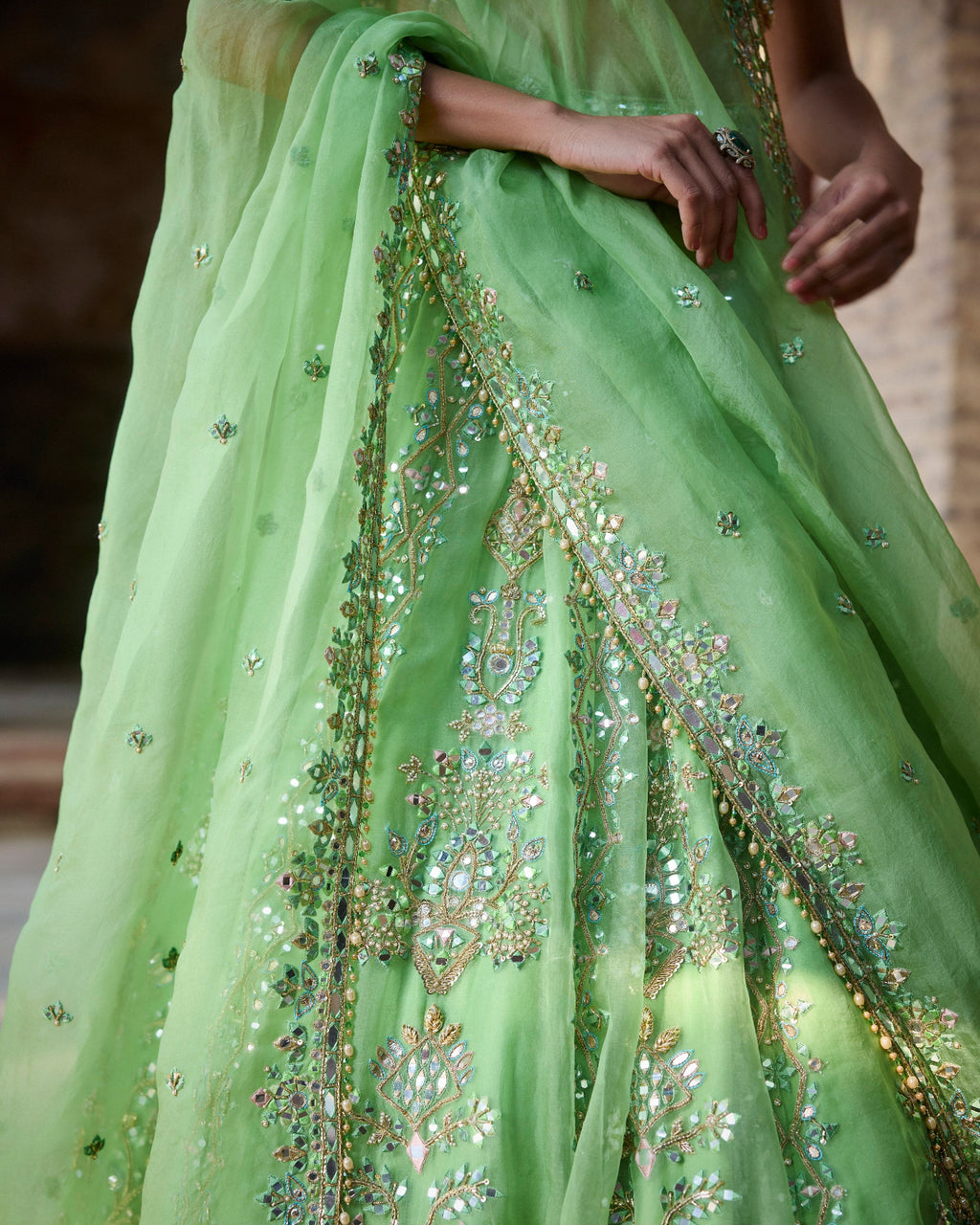 Lime Green Organza Lehenga Set