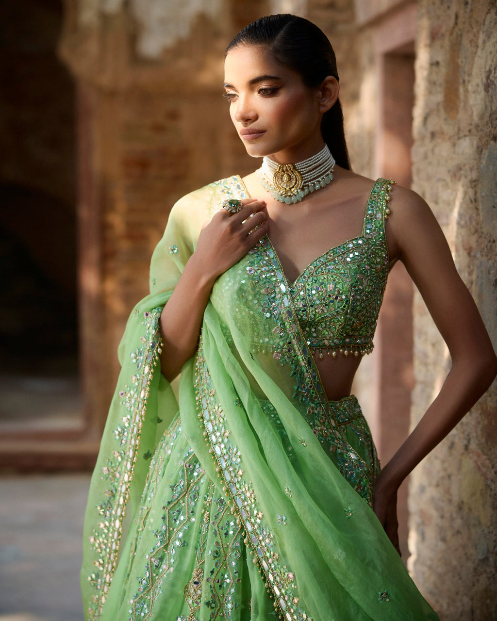Lime Green Organza Lehenga Set