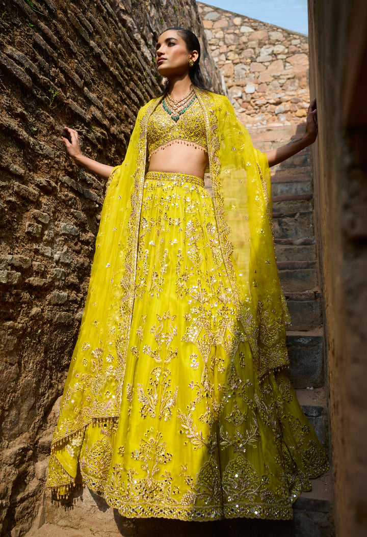 LIME YELLOW ORGANZA LEHENGA  SET