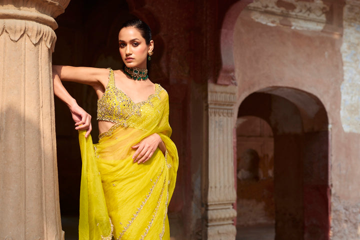 LIME YELLOW ORGANZA SAREE SET