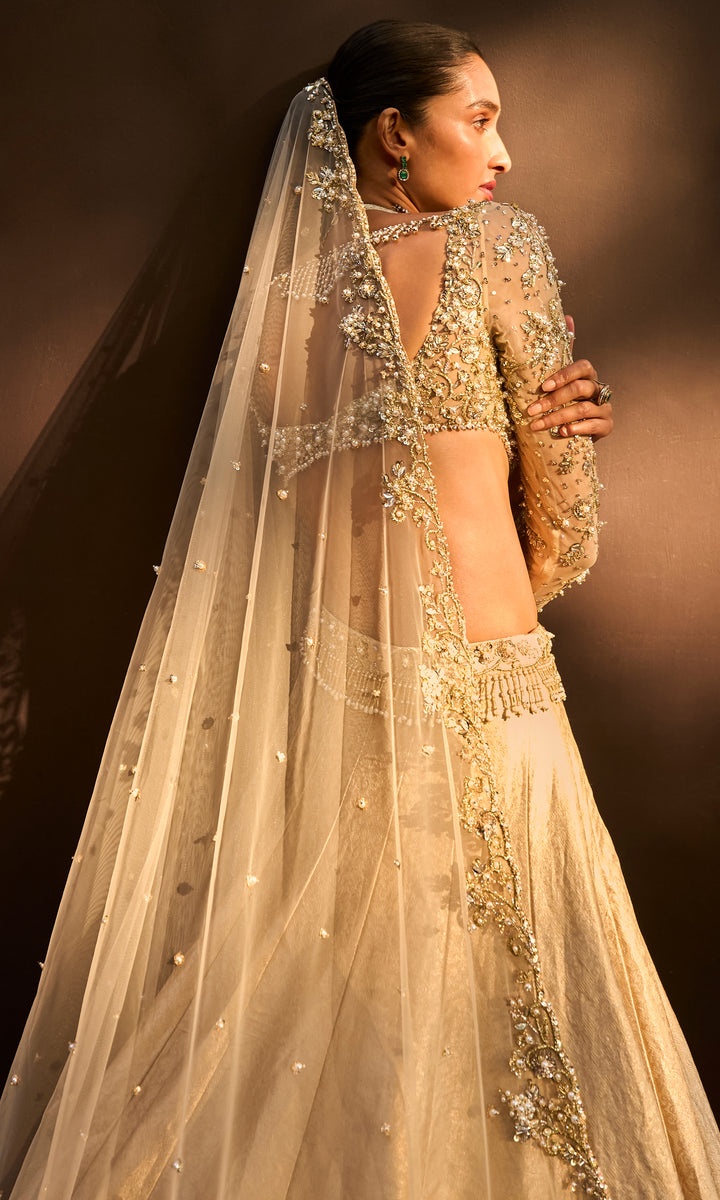 Champagne Gold Brocade Lehenga Set
