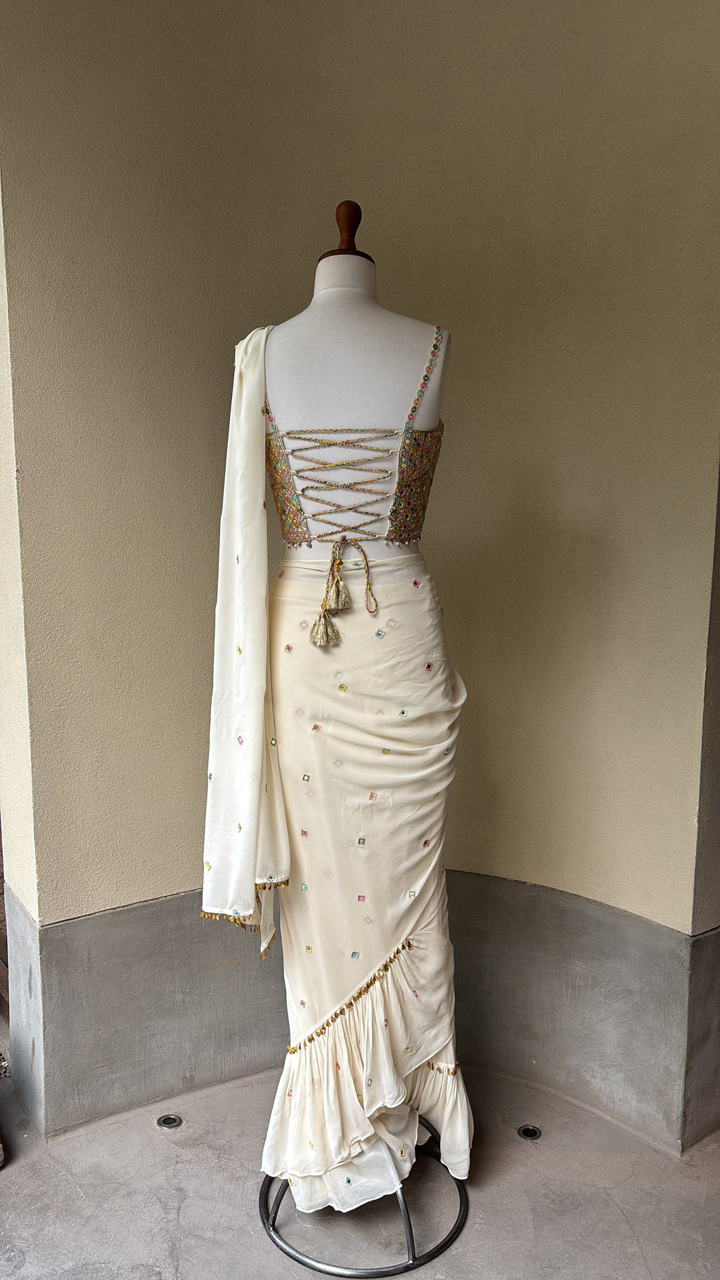 Pre-Drape Ivory Saree With Embroidered Corset Blouse