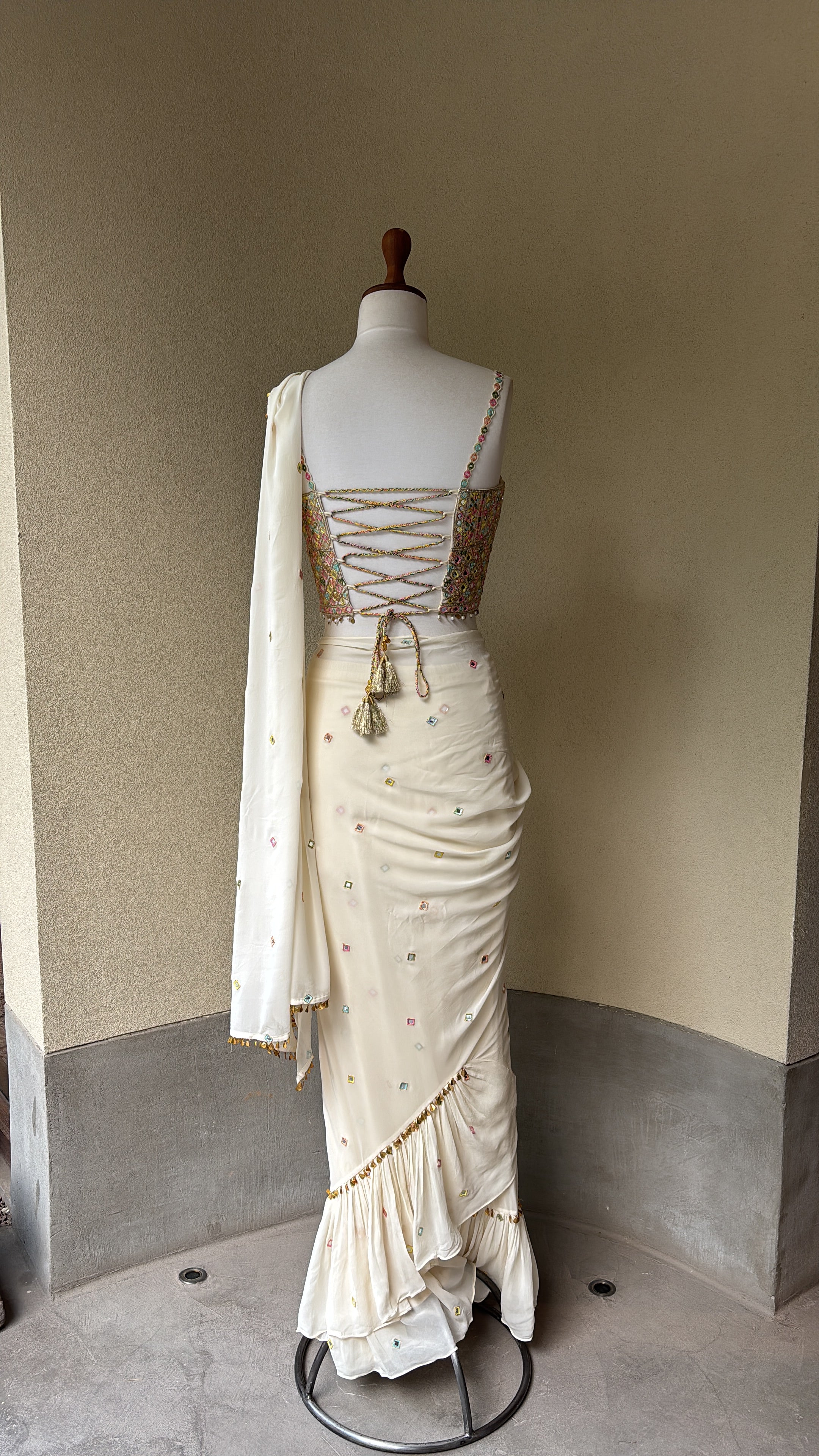 Pre-Drape Ivory Saree With Embroidered Corset Blouse