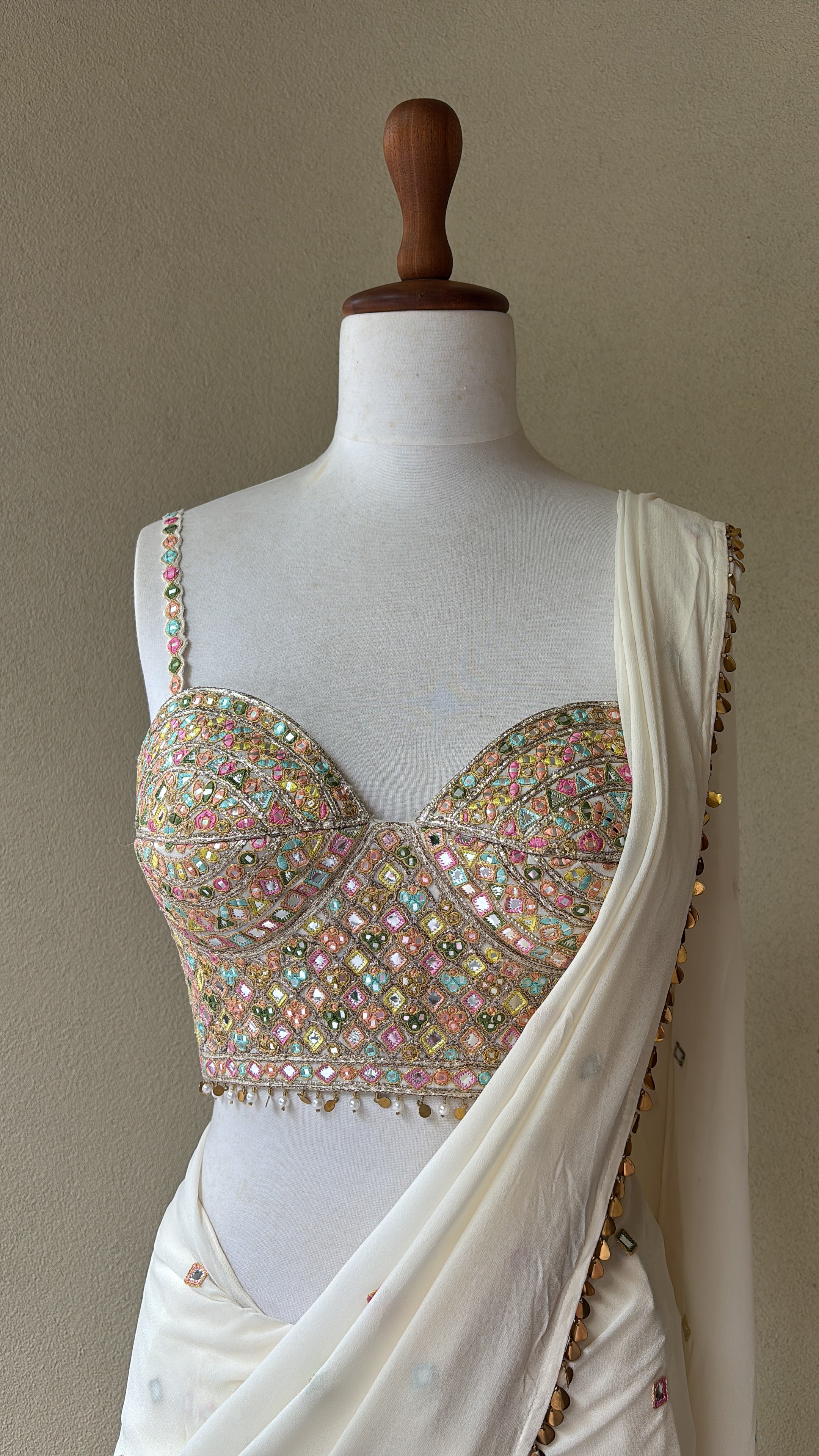 Pre-Drape Ivory Saree With Embroidered Corset Blouse