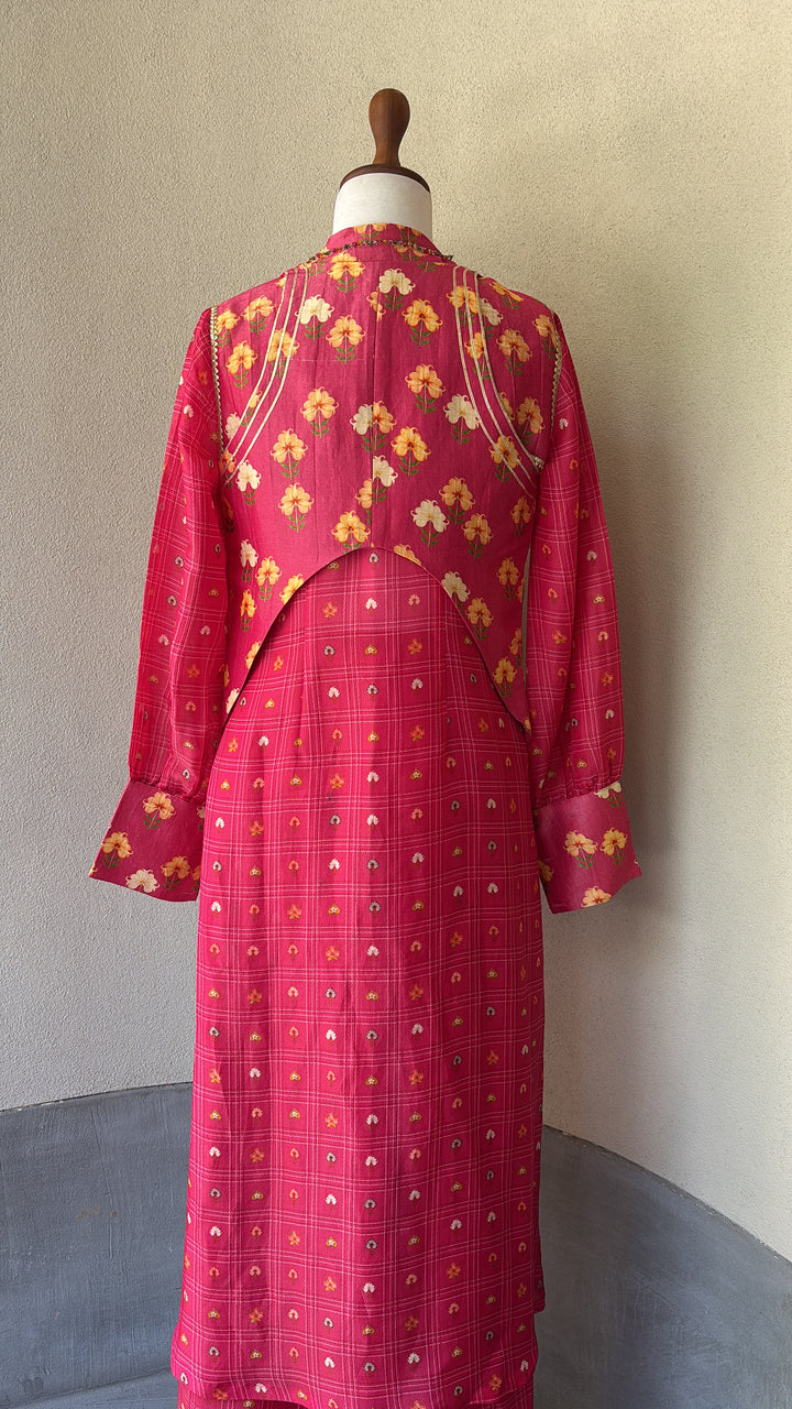 Pink Checkered Petal Fusion Shirt,Palazo And Waistcoat Set