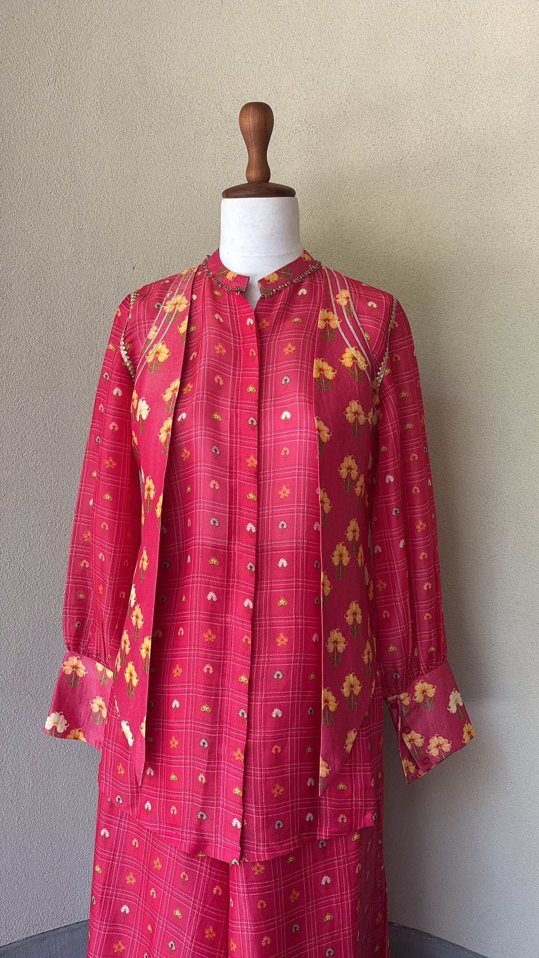 Pink Checkered Petal Fusion Shirt,Palazo And Waistcoat Set