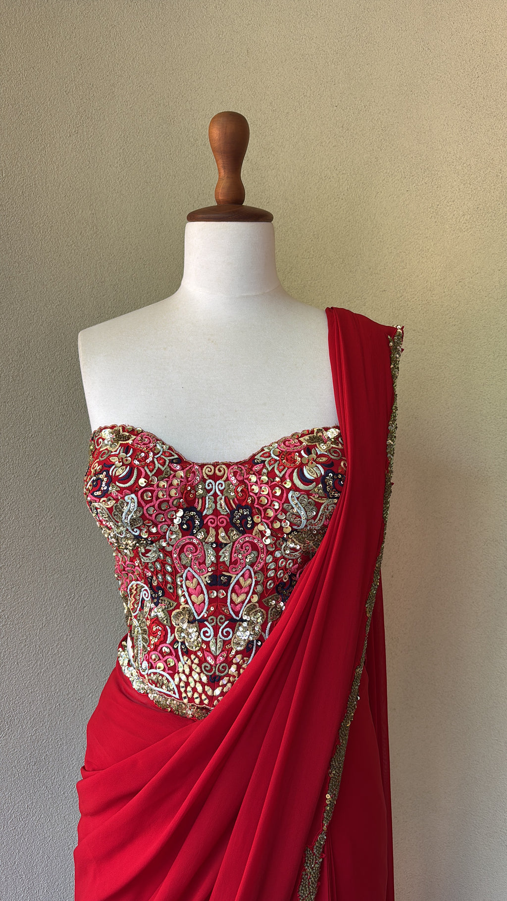 Pre-Drape Red Saree Set with a Corset Blouse