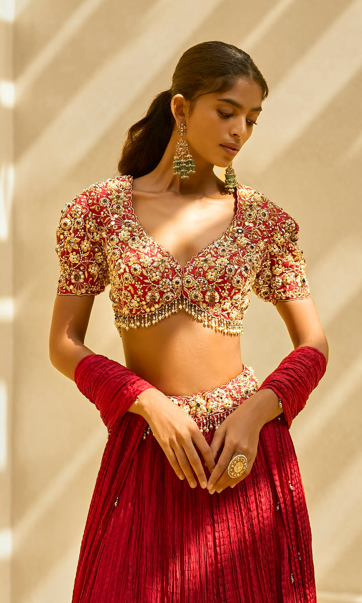 Ruby Crushed Lehenga Set