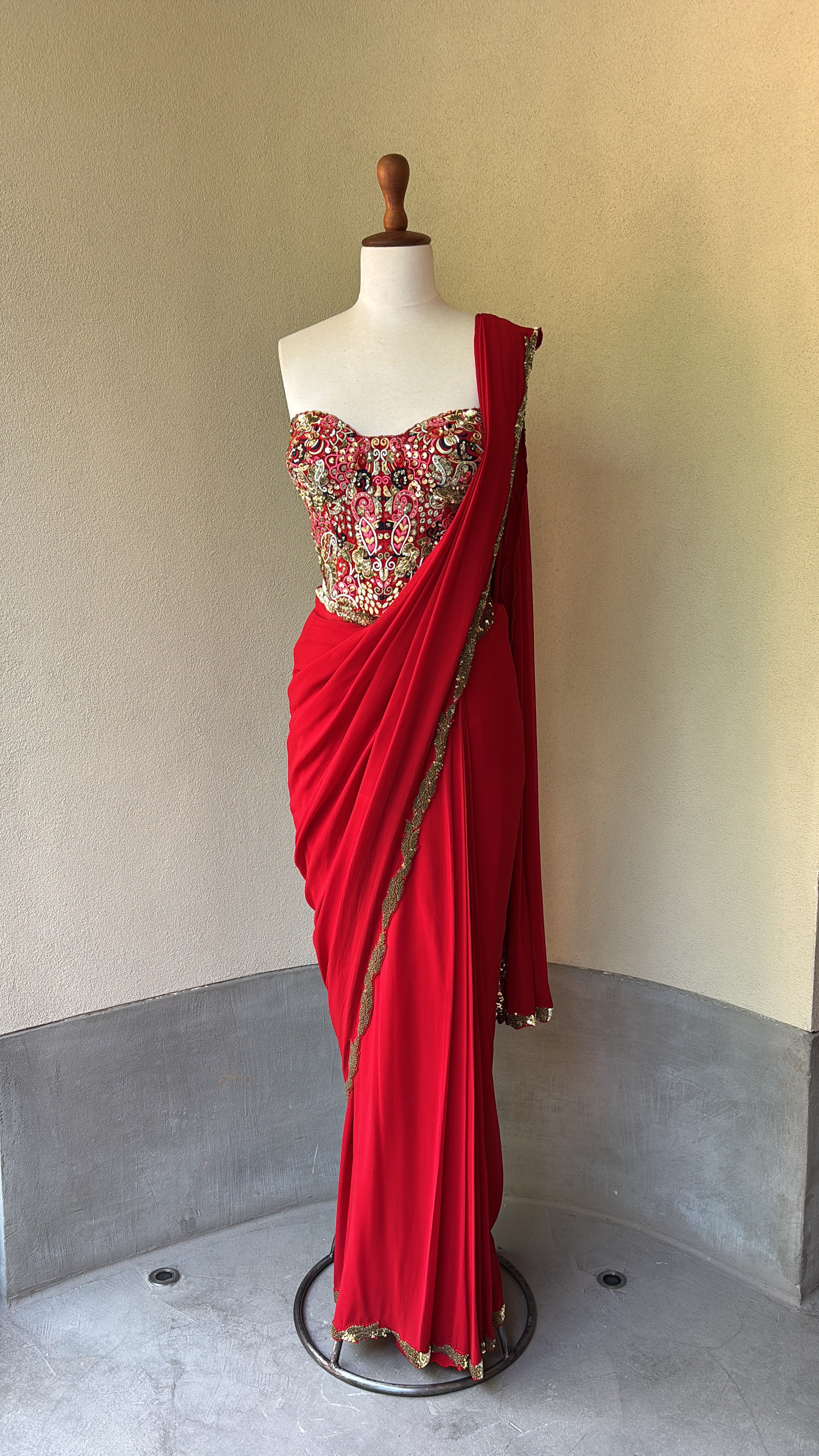 Pre-Drape Red Saree Set with a Corset Blouse
