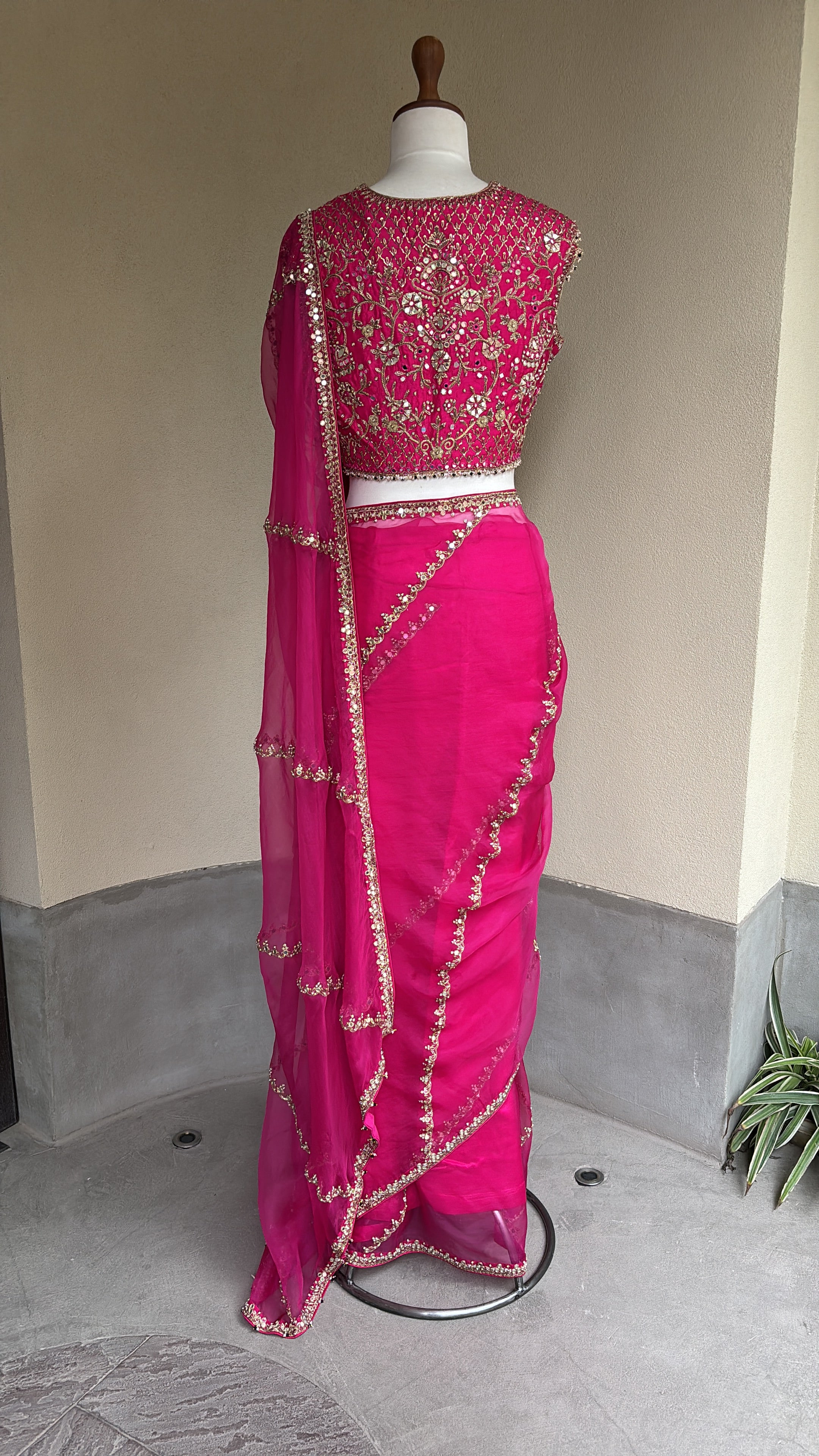 Hot Pink Organza Saree Set