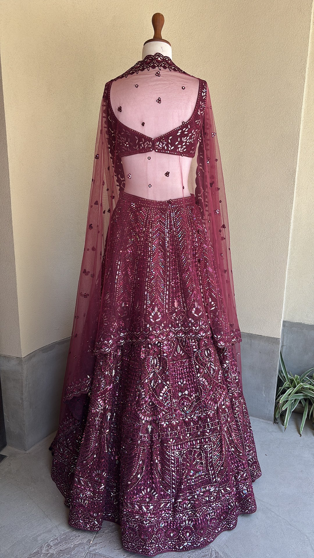 Plum lehenga set with foil, thread and dori work