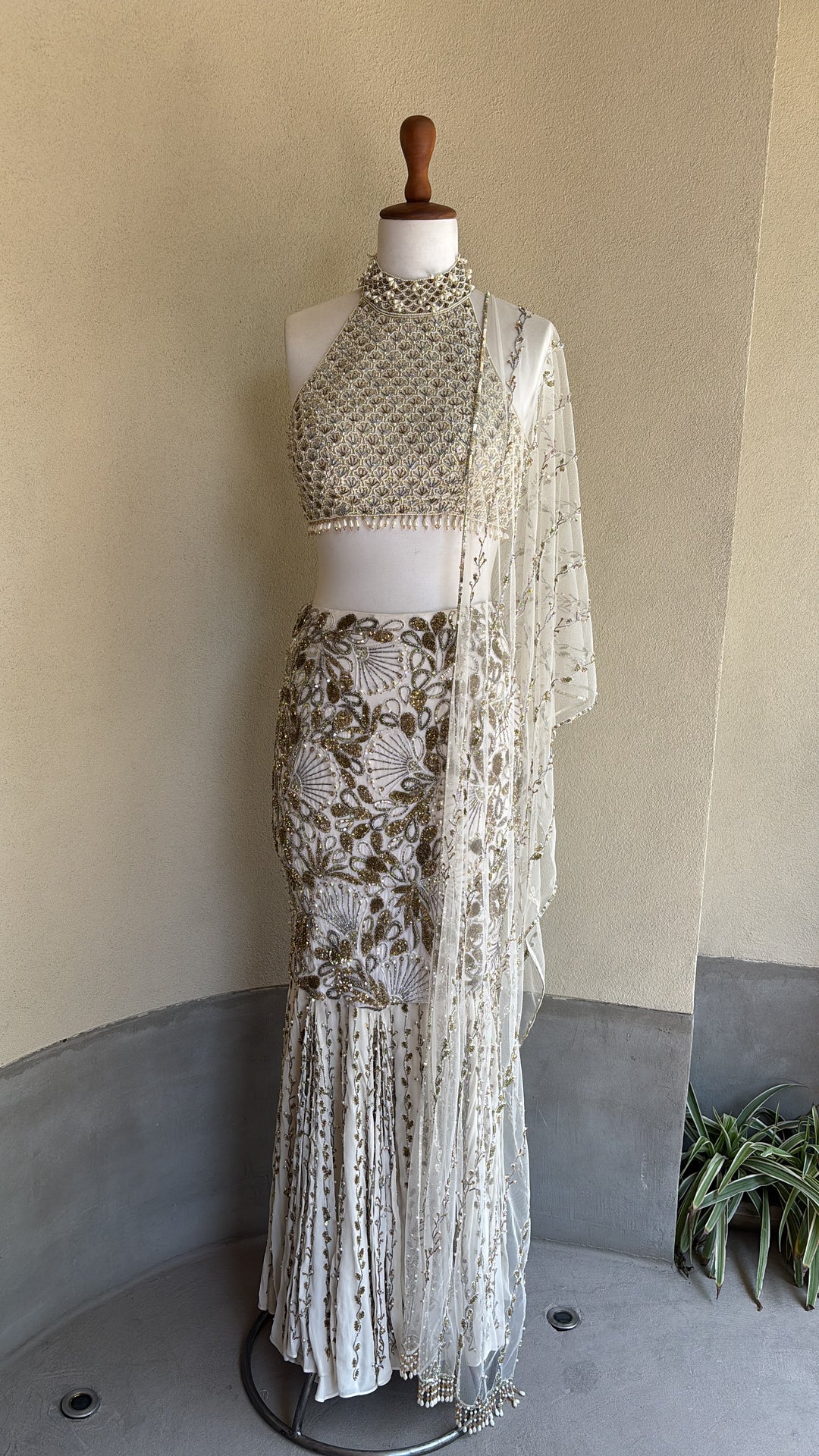 Ivory Georgette Fit and Flare Lehenga