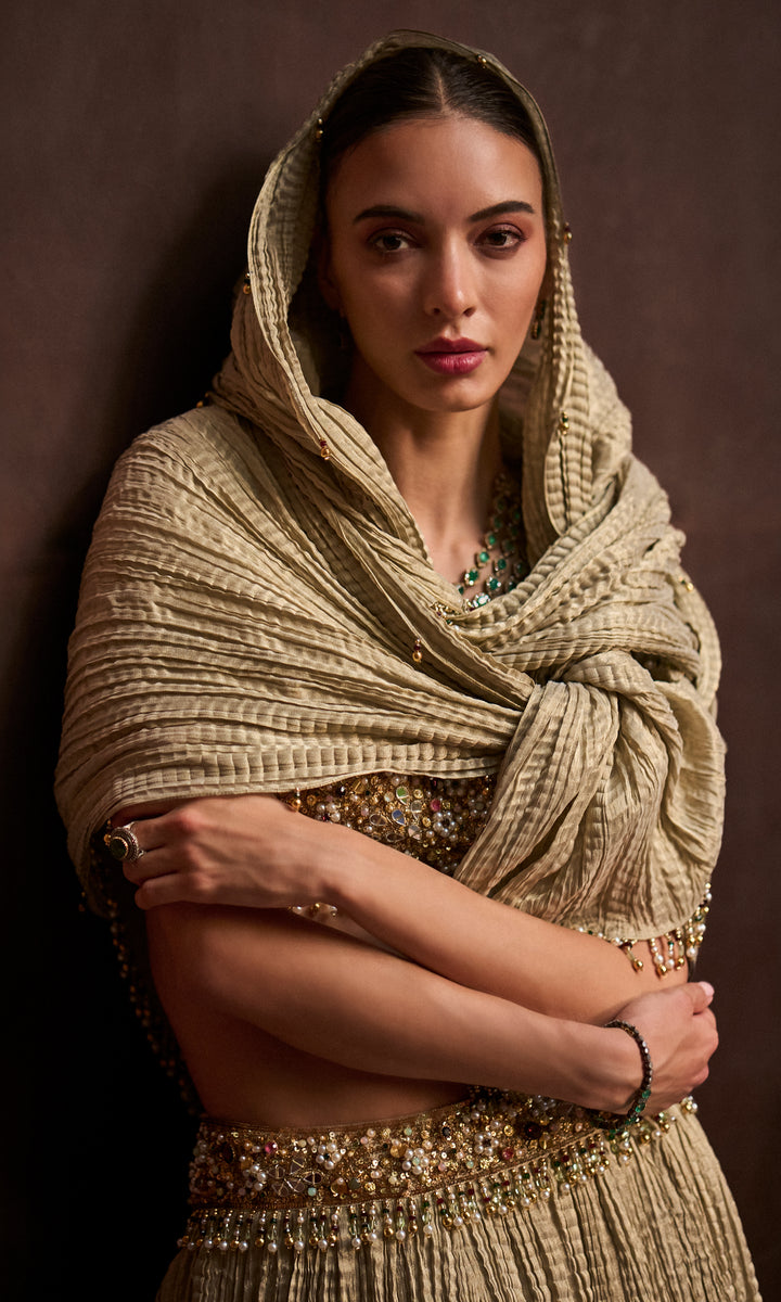 Golden Tissue Crush Lehenga Set