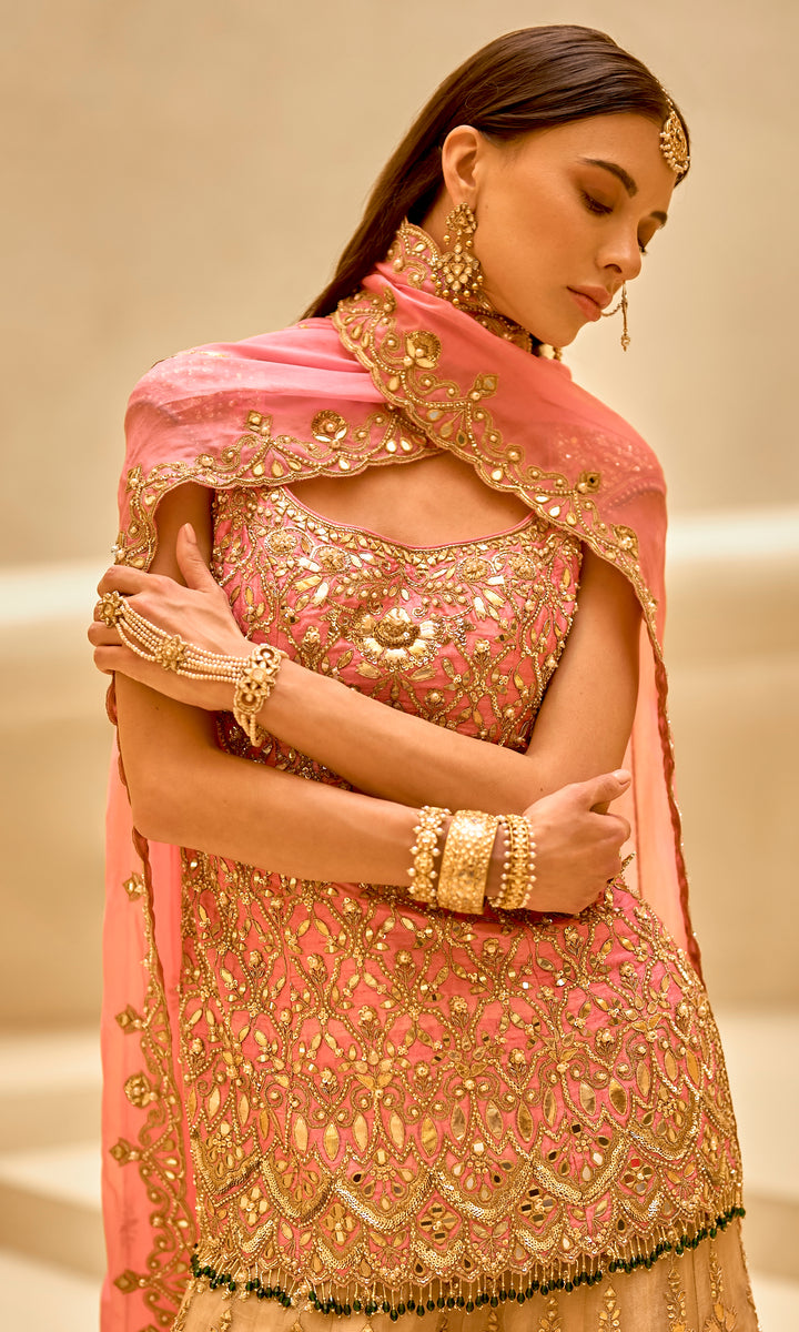 Onion Pink and Gold Sharara Set