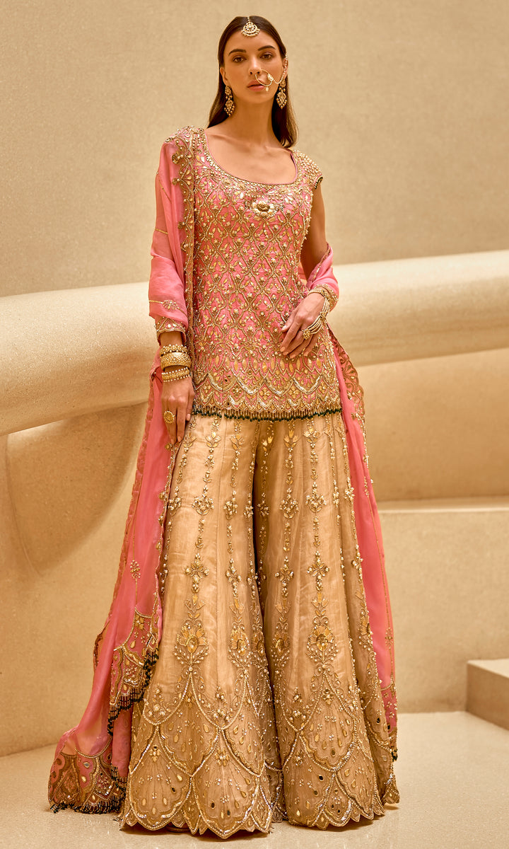 Onion Pink and Gold Sharara Set