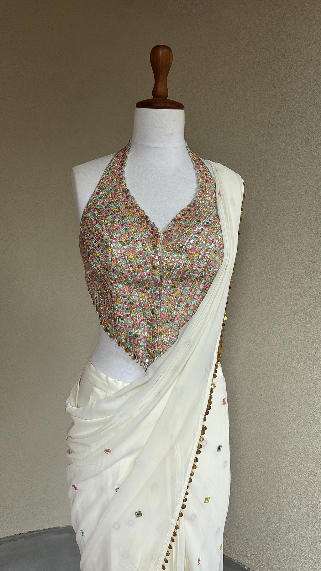 Pre-Drape Ivory Saree With Embroidered Corset Blouse