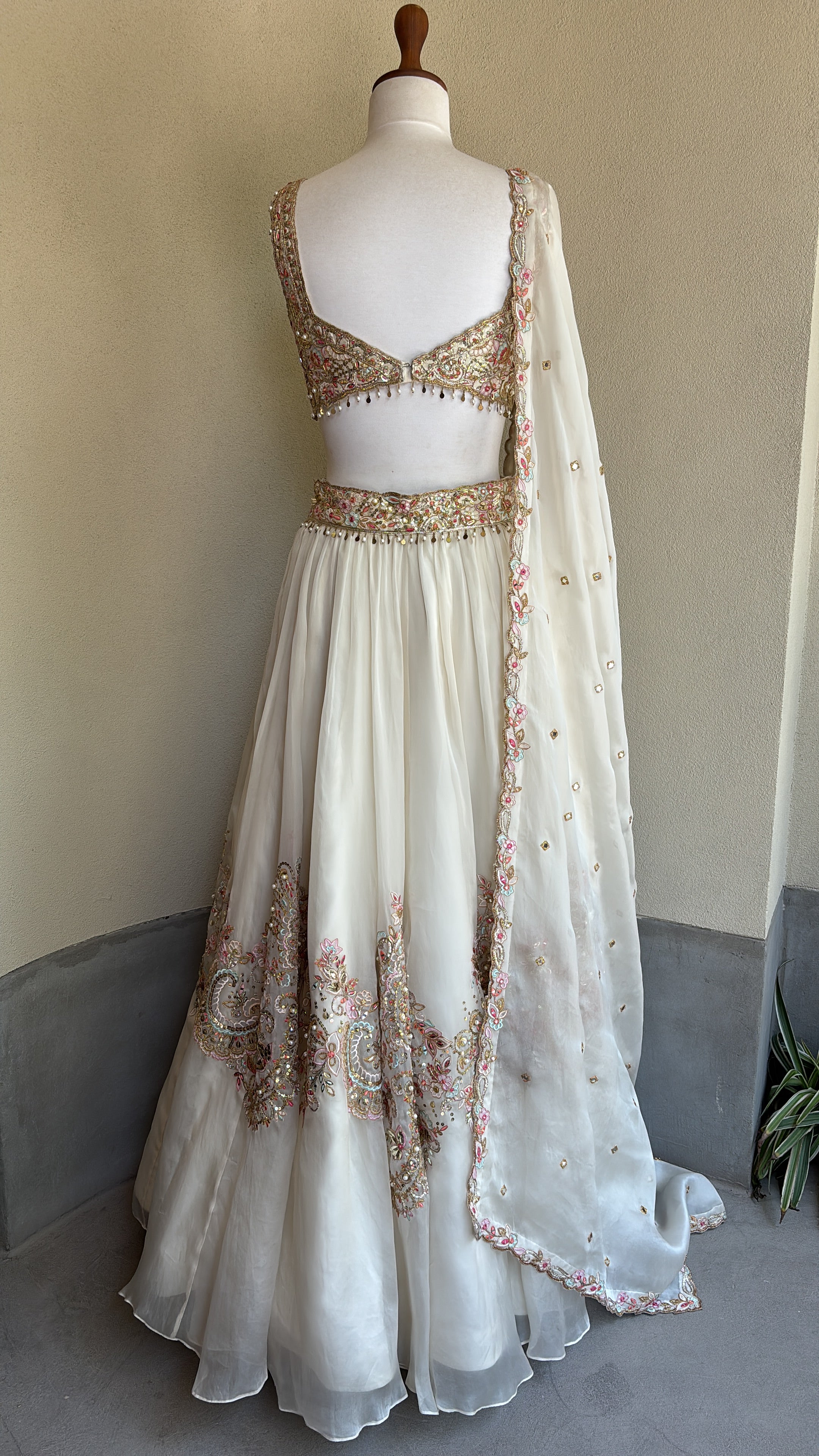 Ivory Organza Lehenga Set With Placement Embroidery
