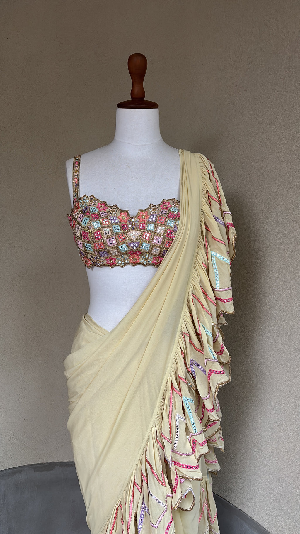 Ivory Cutwork Ruffle Saree Set