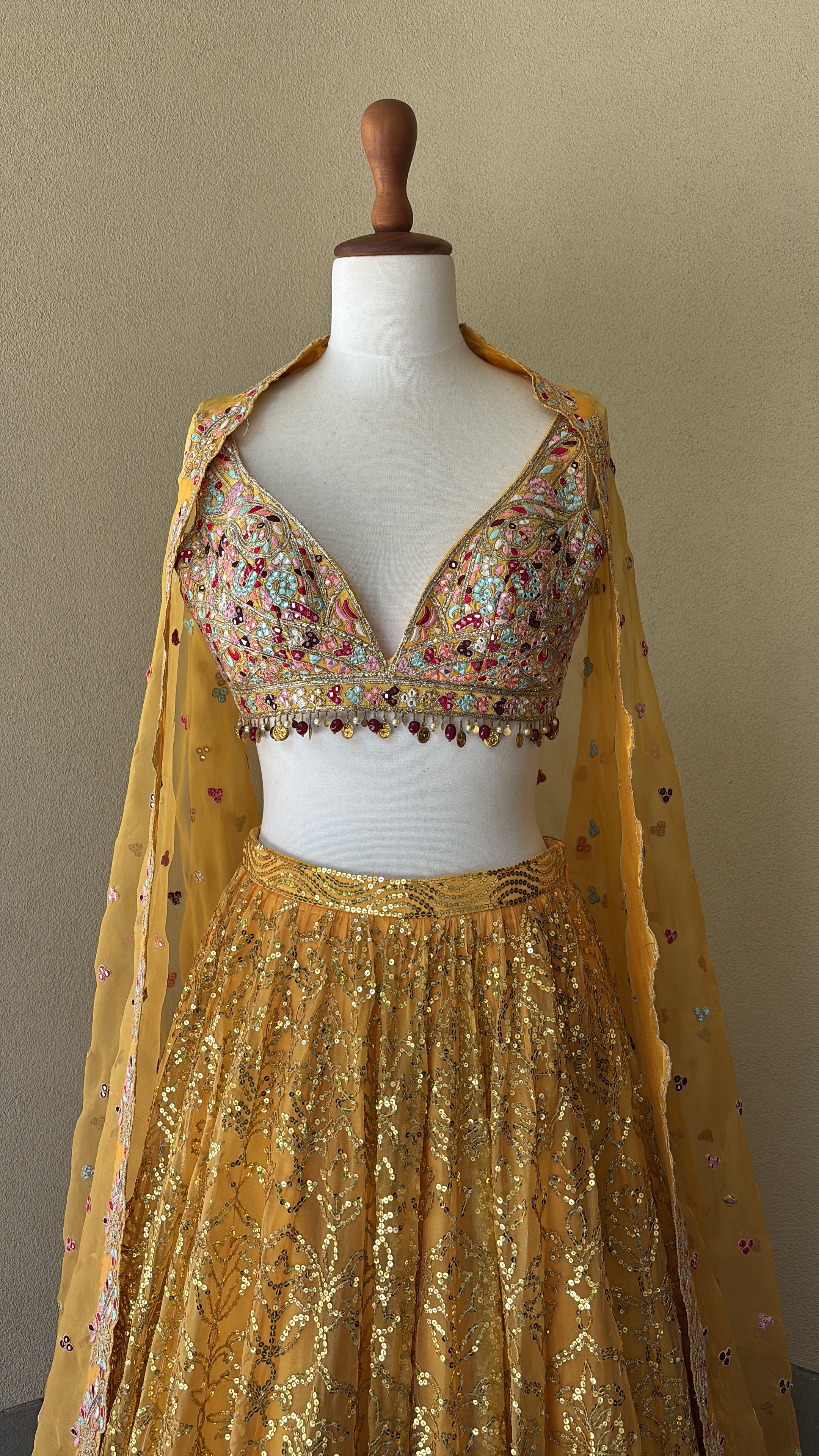 Orange Organza lehenga set with multi colored thread mirror and sequins