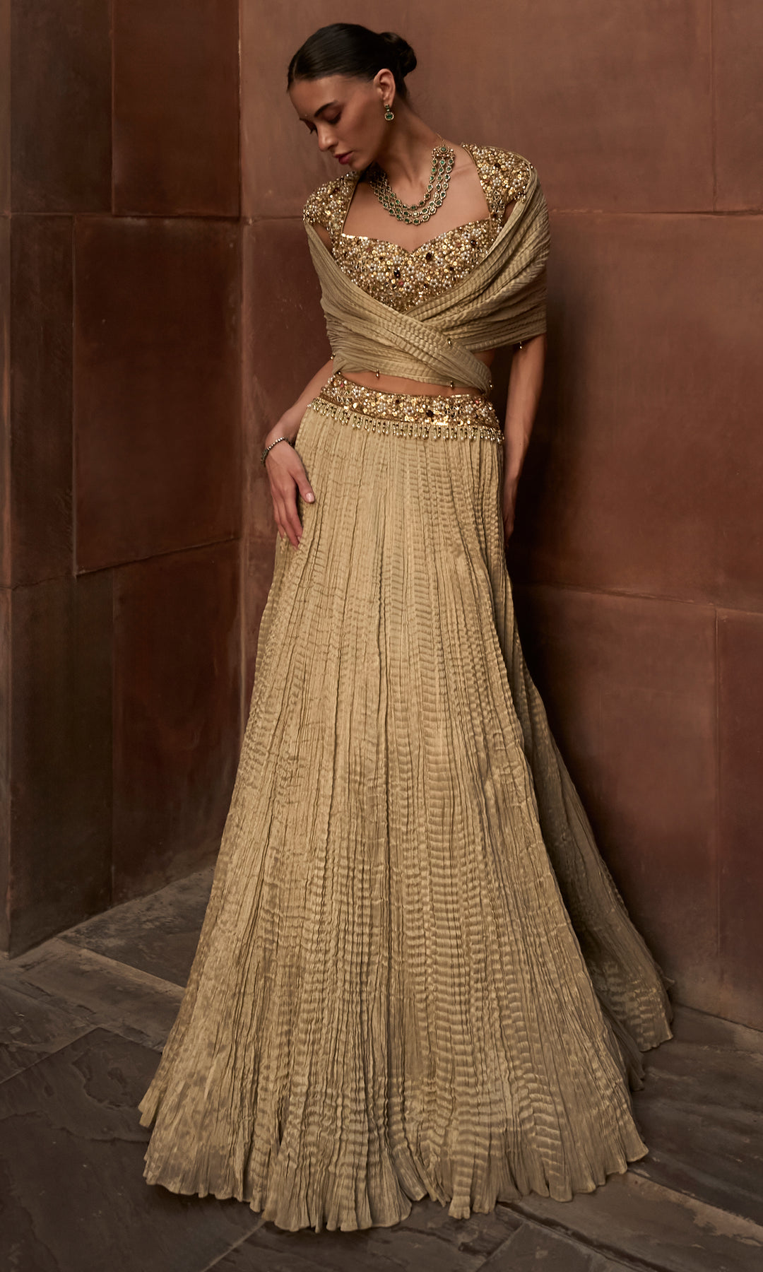 Golden Tissue Crush Lehenga Set