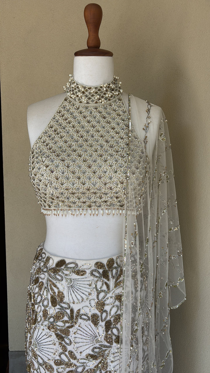 Ivory Georgette Fit and Flare Lehenga