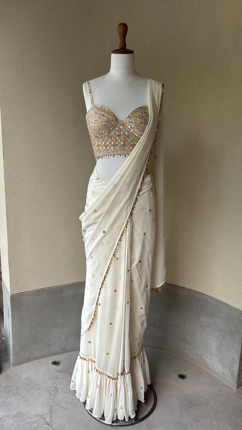 Pre-Drape Ivory Saree With Embroidered Corset Blouse