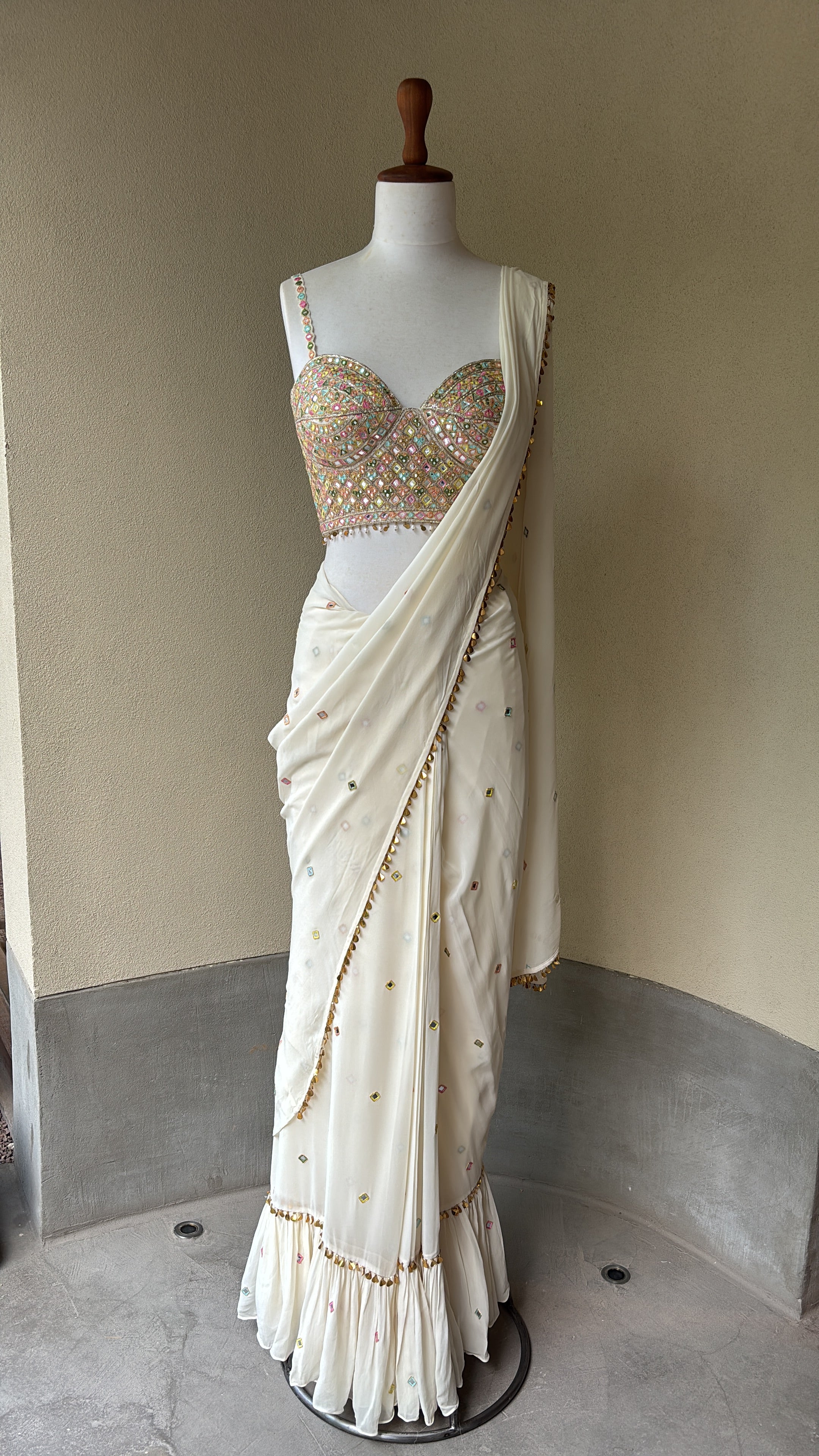 Pre-Drape Ivory Saree With Embroidered Corset Blouse