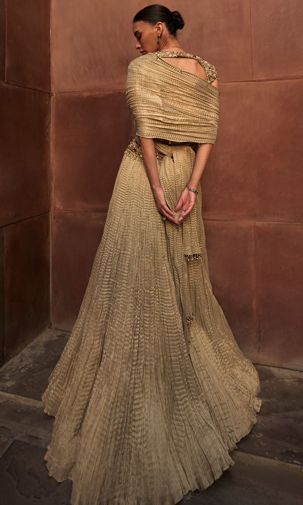 Golden Tissue Crush Lehenga Set