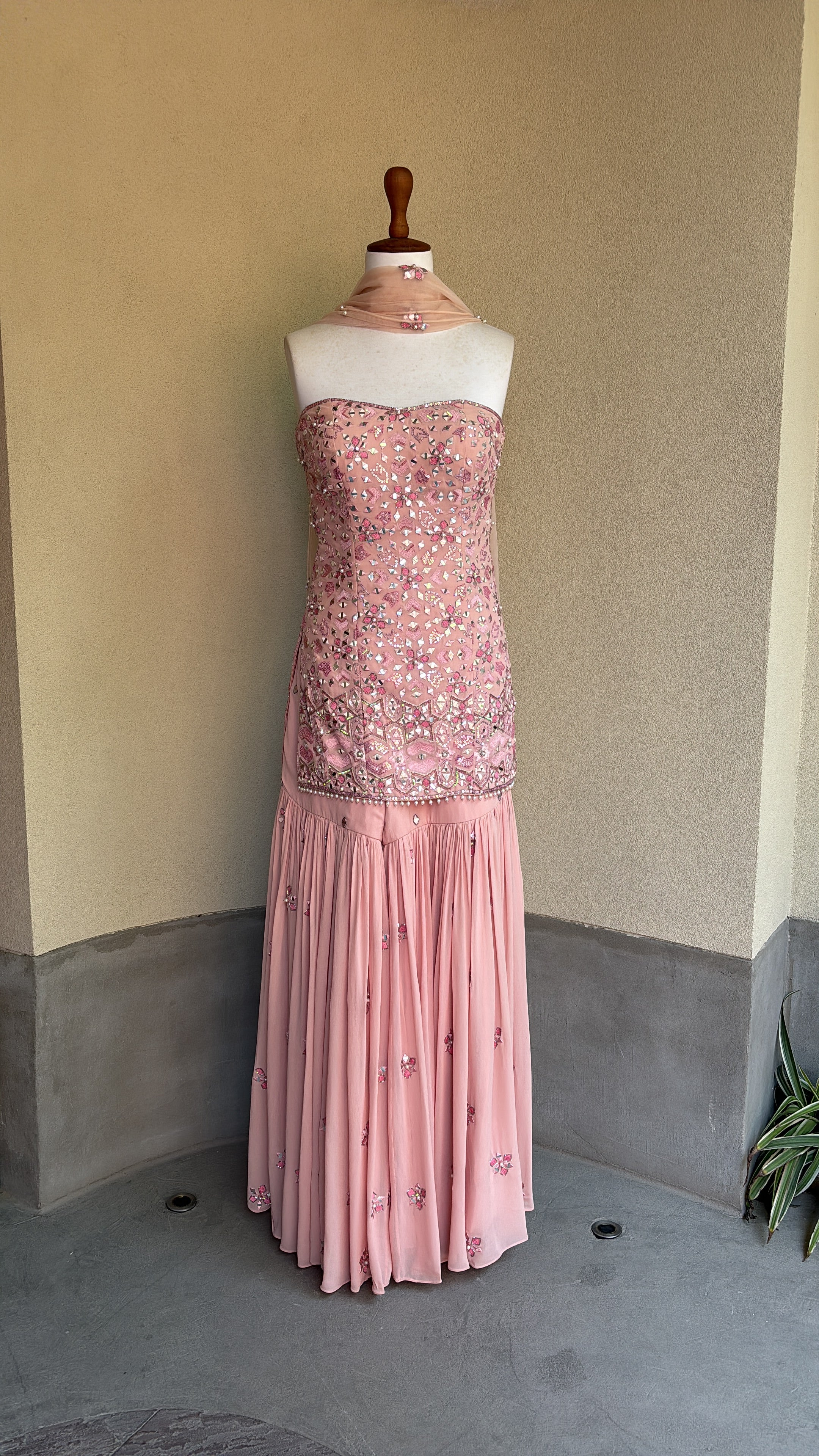 Pink georgette sharara set with net dupatta