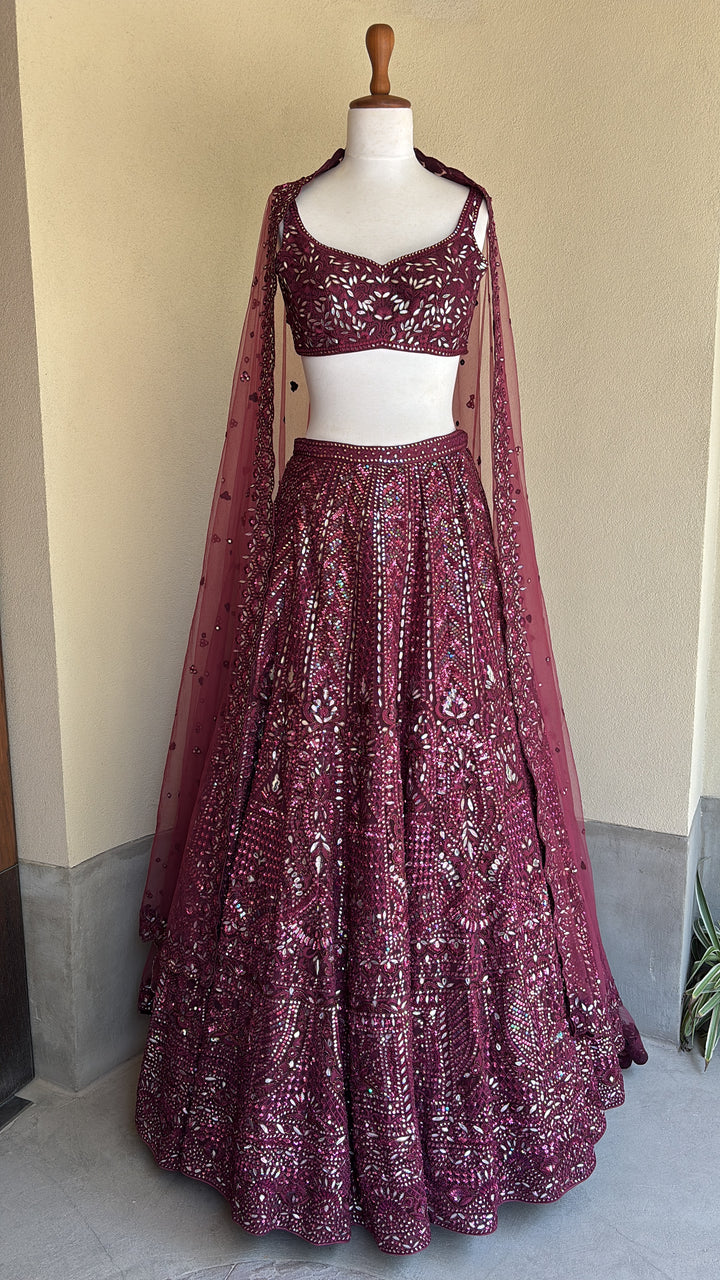 Plum lehenga set with foil, thread and dori work