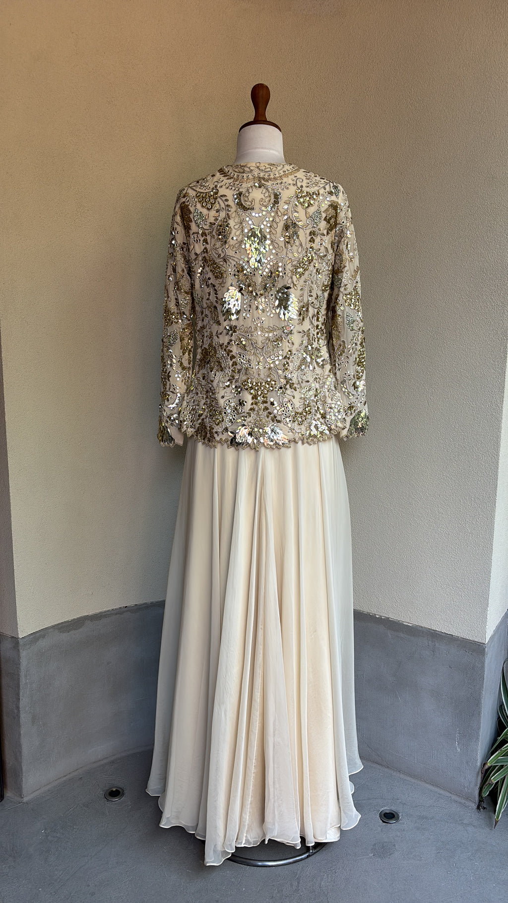 Ivory Gold Sequin Jacket With Organza Sharara