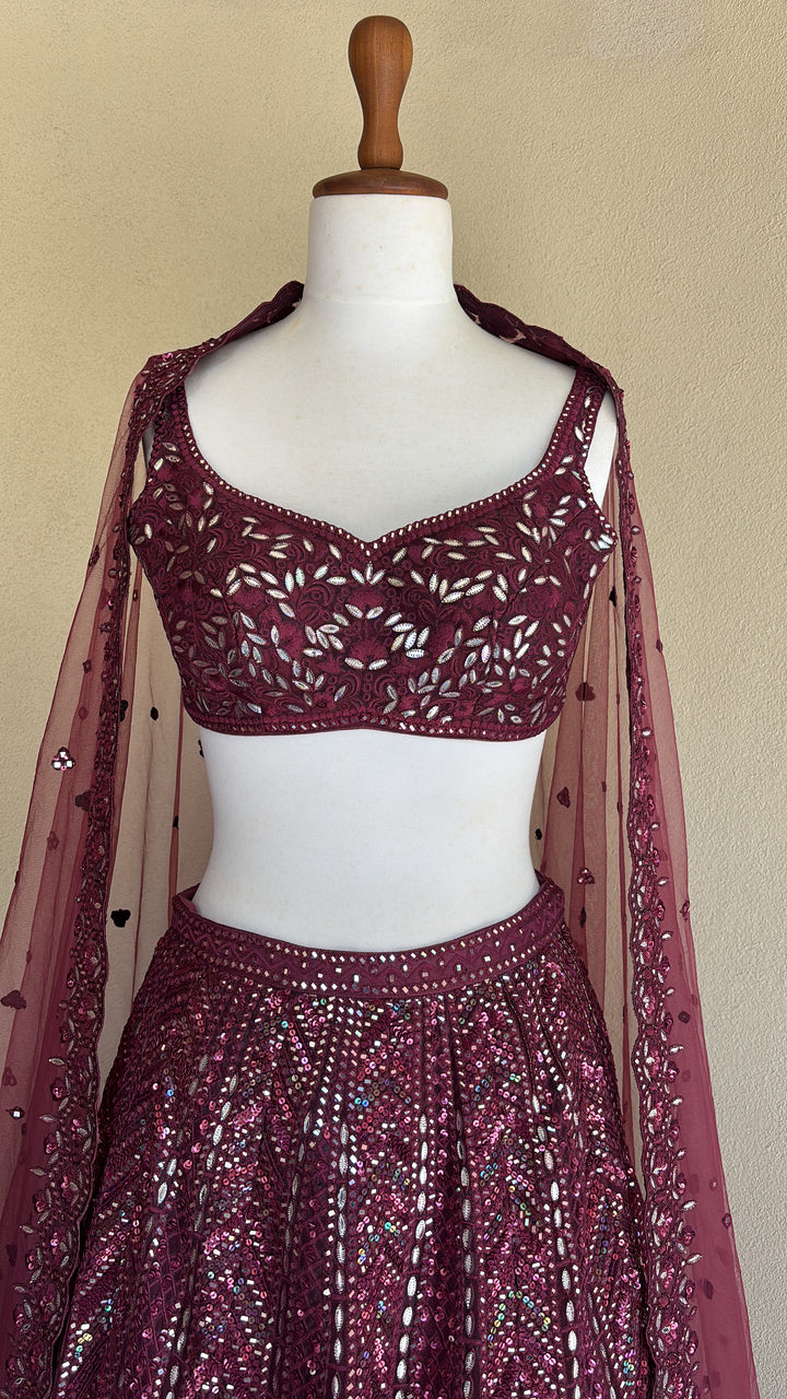 Plum lehenga set with foil, thread and dori work