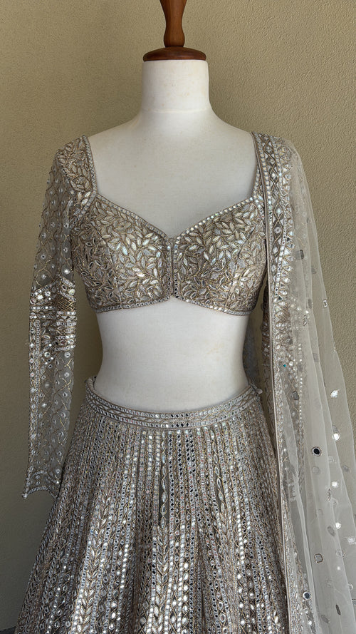 Grey lehenga set with foil, thread and dori work