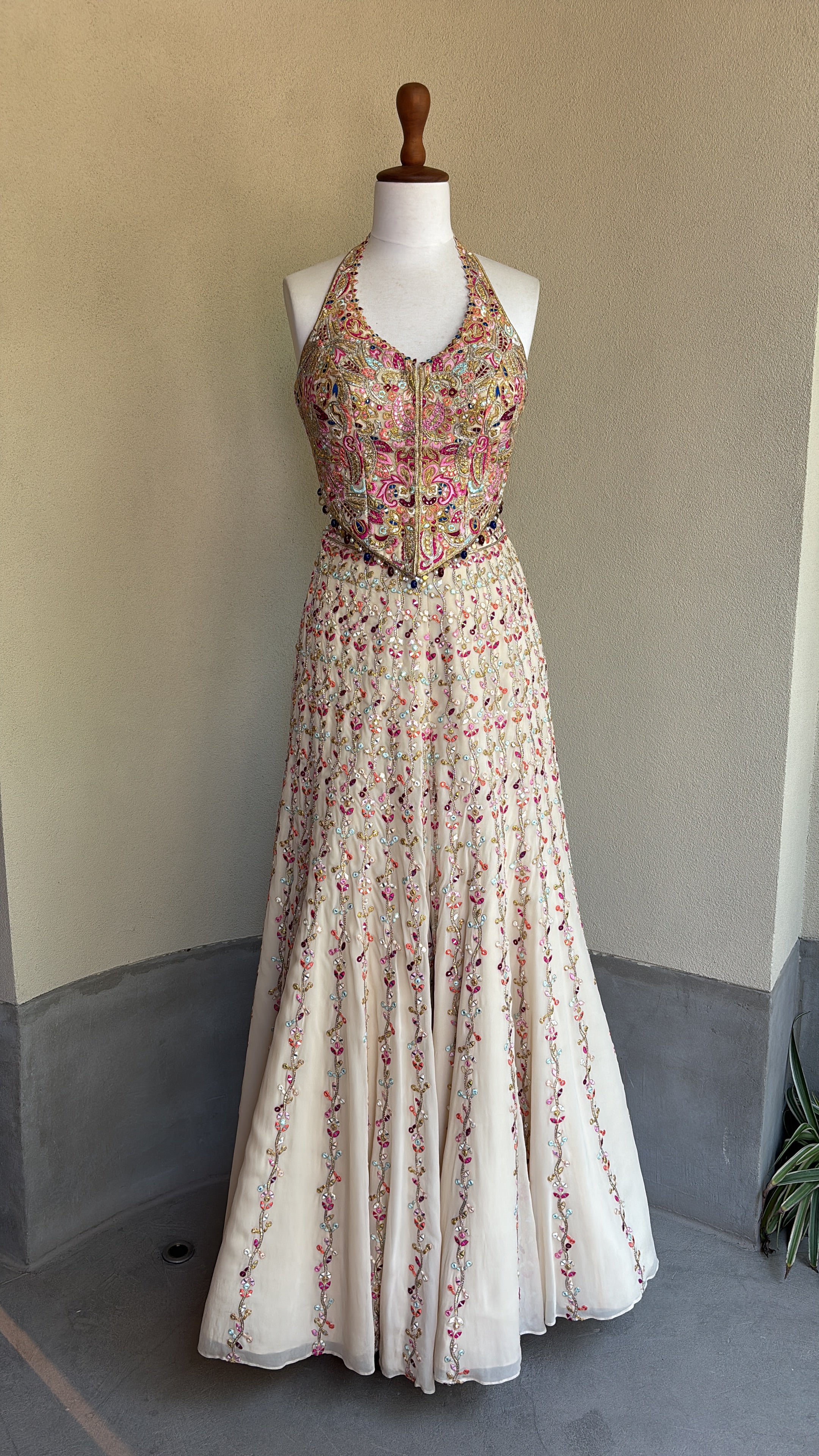 Ivory Georgette Embroidered High Waist Sharara Set