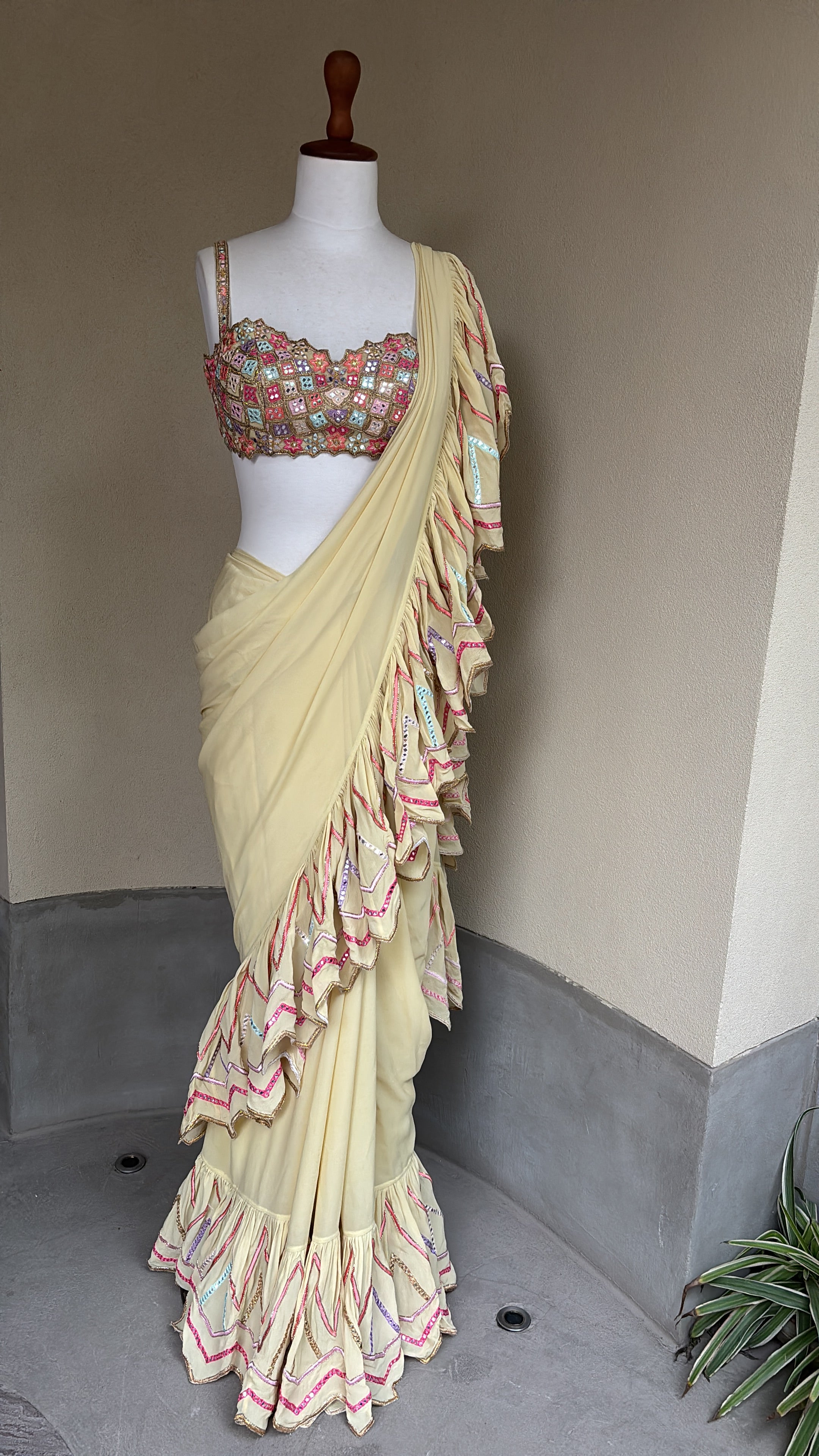 Ivory Cutwork Ruffle Saree Set