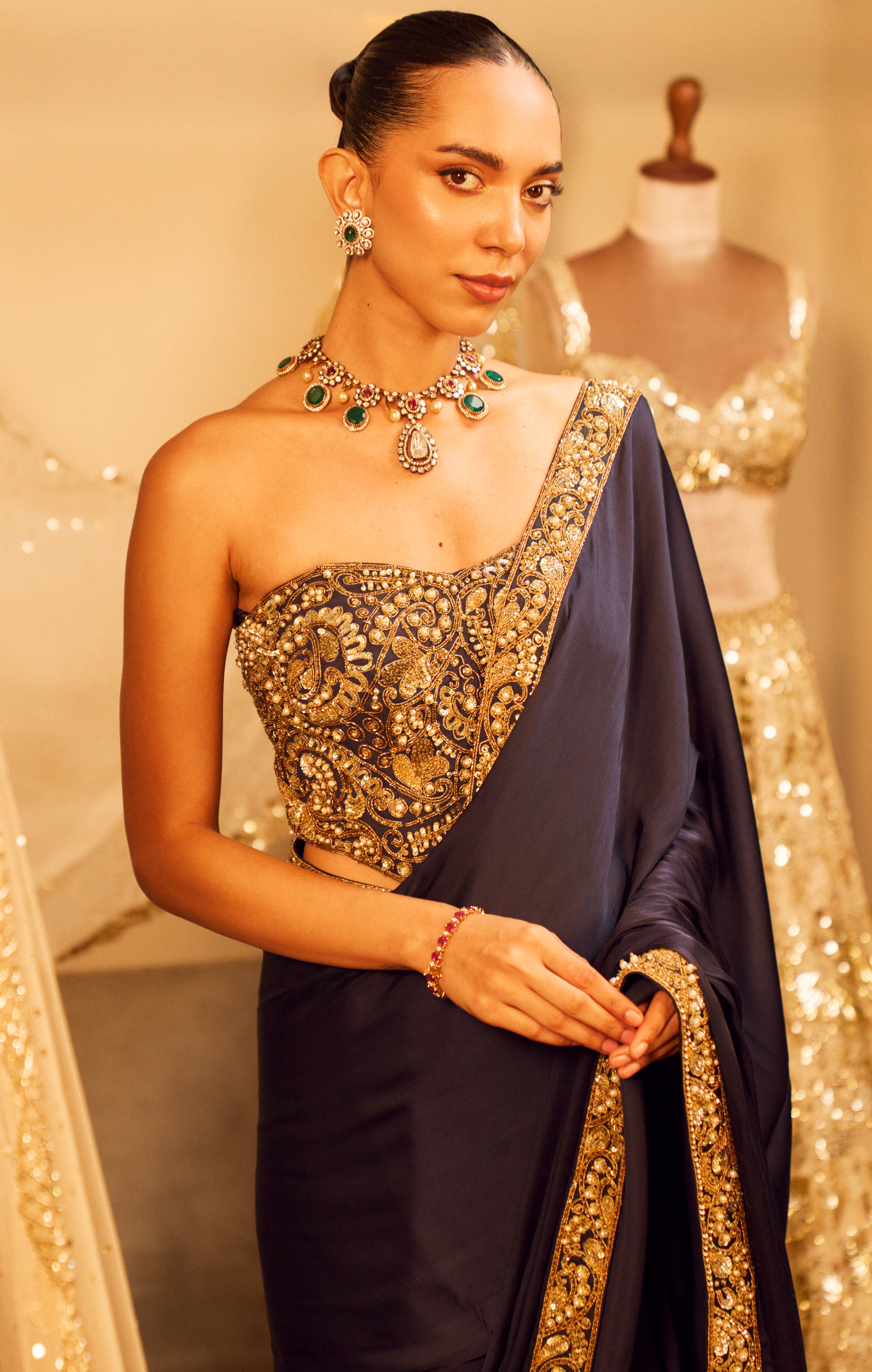 MIDNIGHT BLUE SATIN SAREE AND CORSET BLOUSE