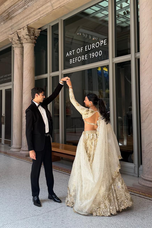 Shivani Majmudar In Our Azra Ivory And Gold Heavily Embroidered Lehenga