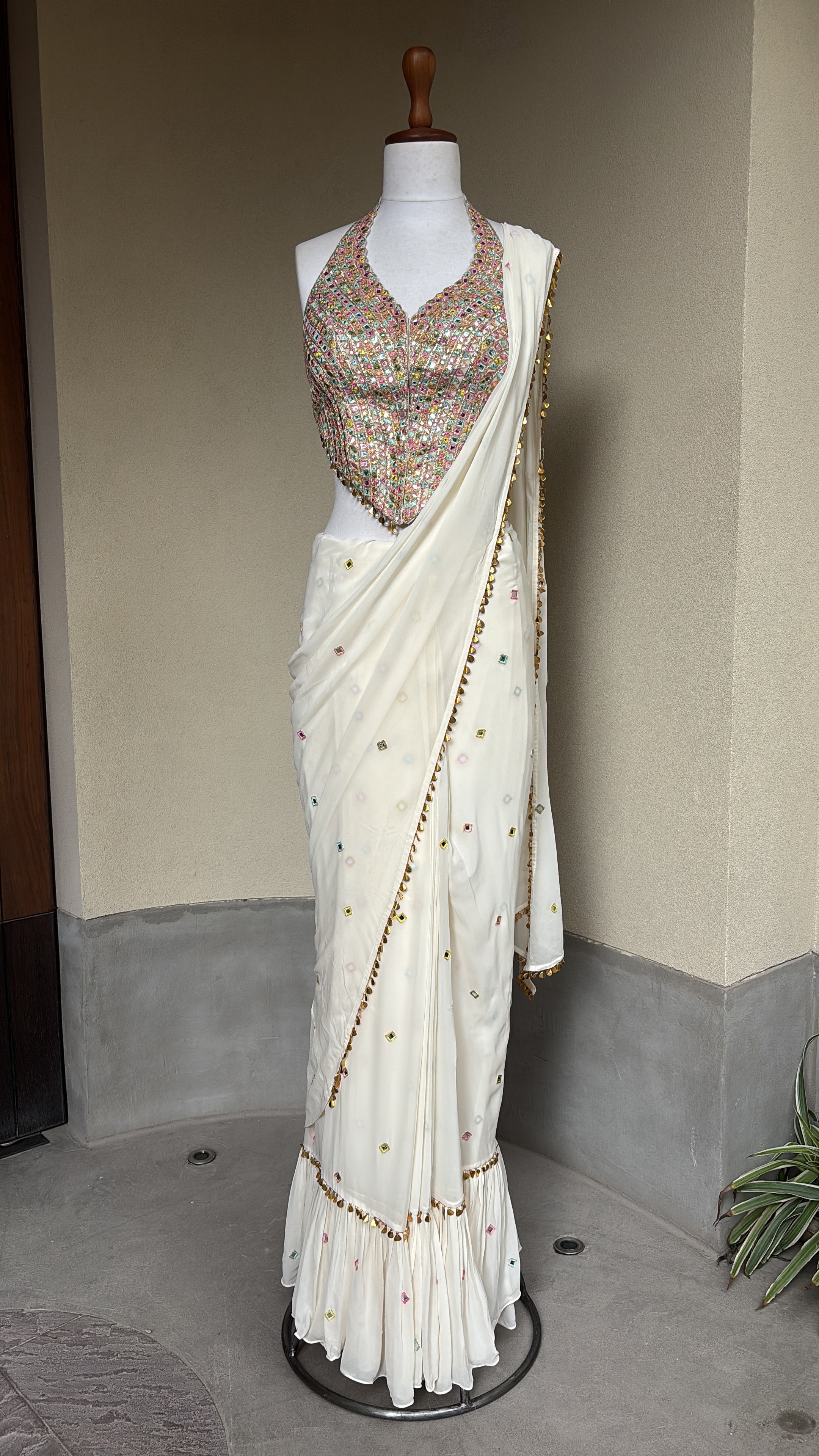 Pre-Drape Ivory Saree With Embroidered Corset Blouse