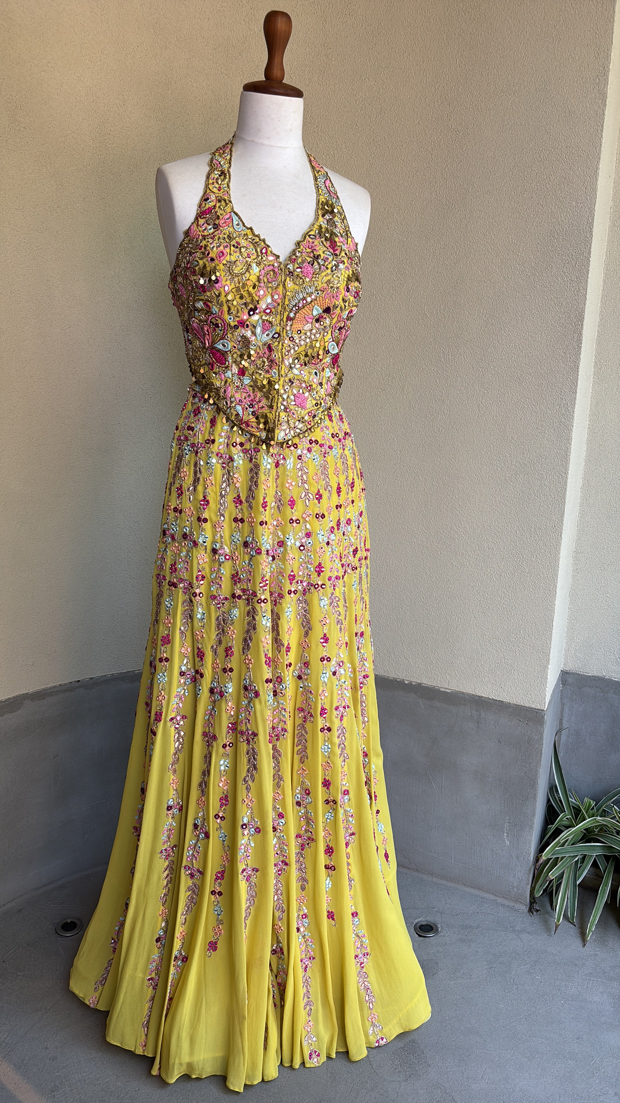 Yellow Georgette High Waist Sharara with Corset Set