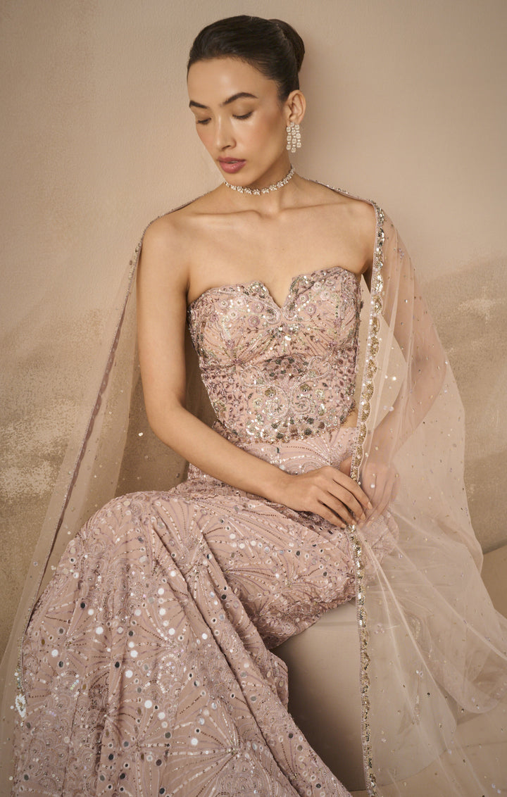Mauve Pink Georgette Fit and Flare Lehenga Set