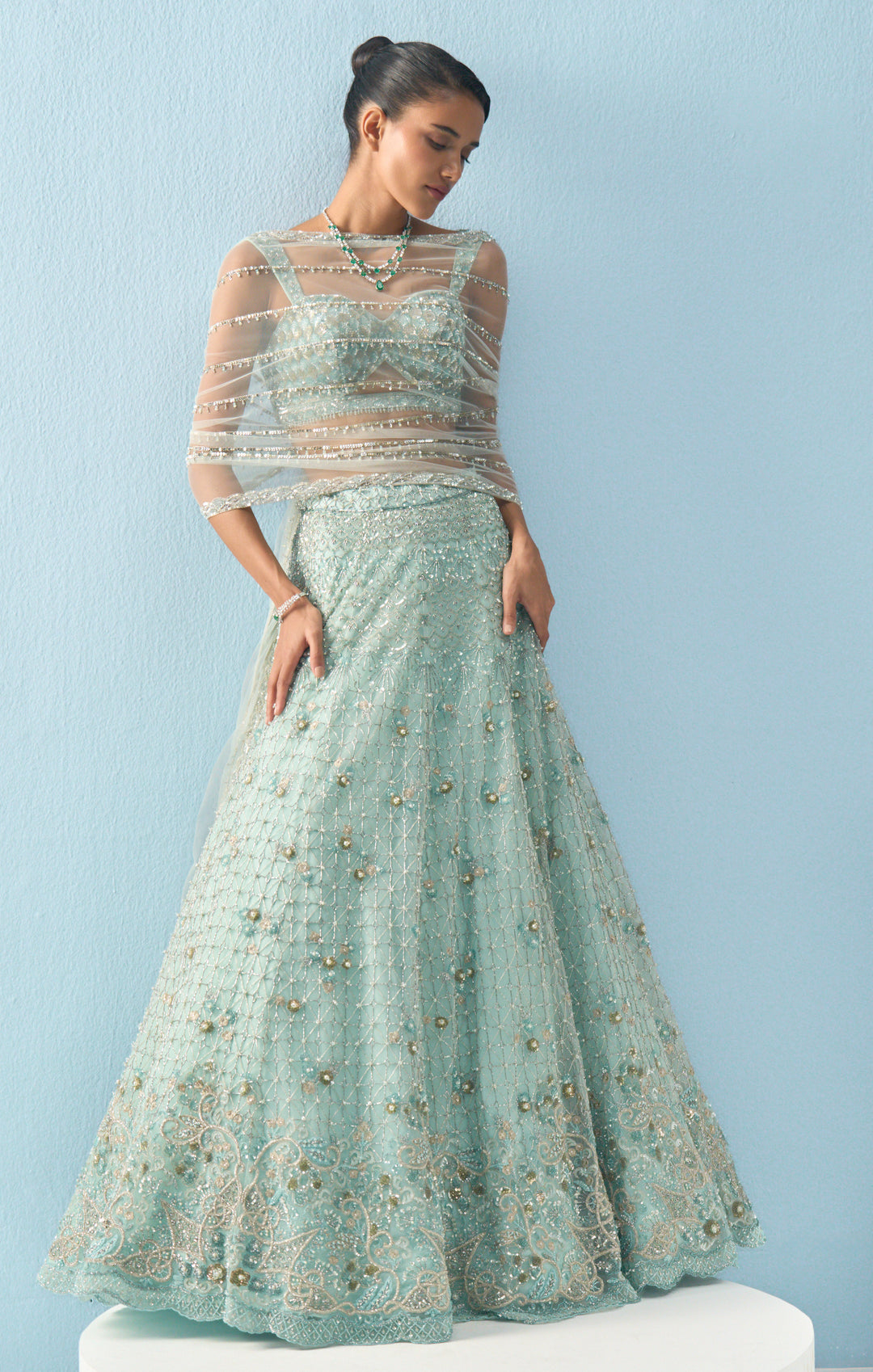Aqua Blue Tulle Lehenga Set