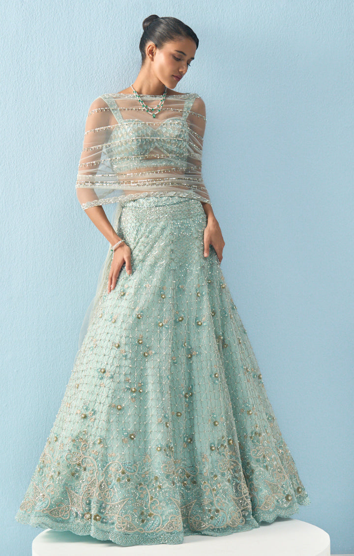 Aqua Blue Tulle Lehenga Set