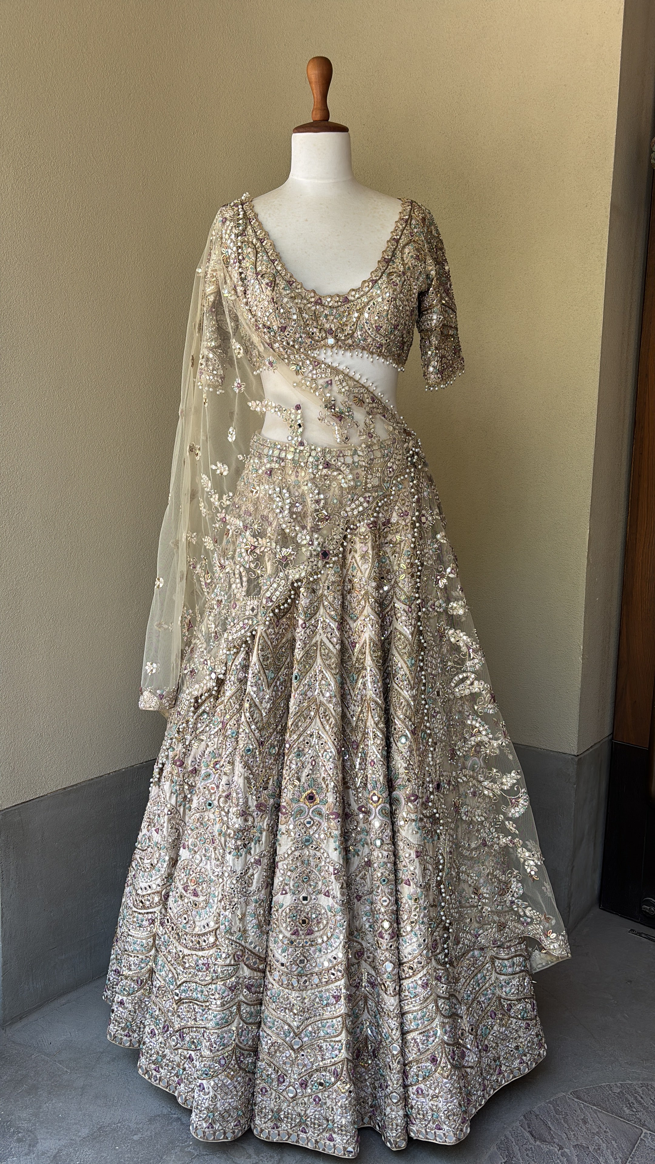 Champagne Rawsilk Mirror Lehenga Set