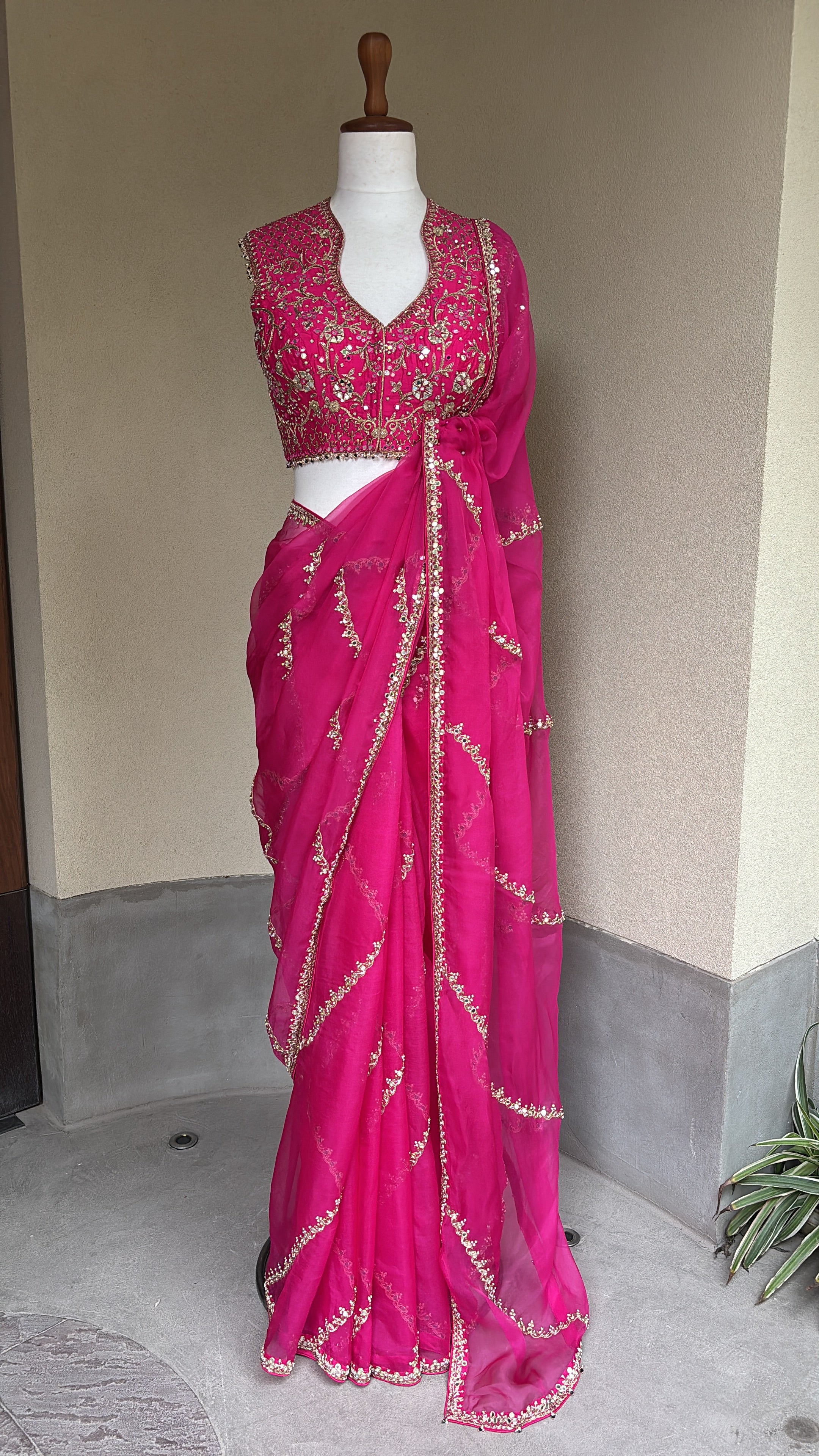Hot Pink Organza Saree Set